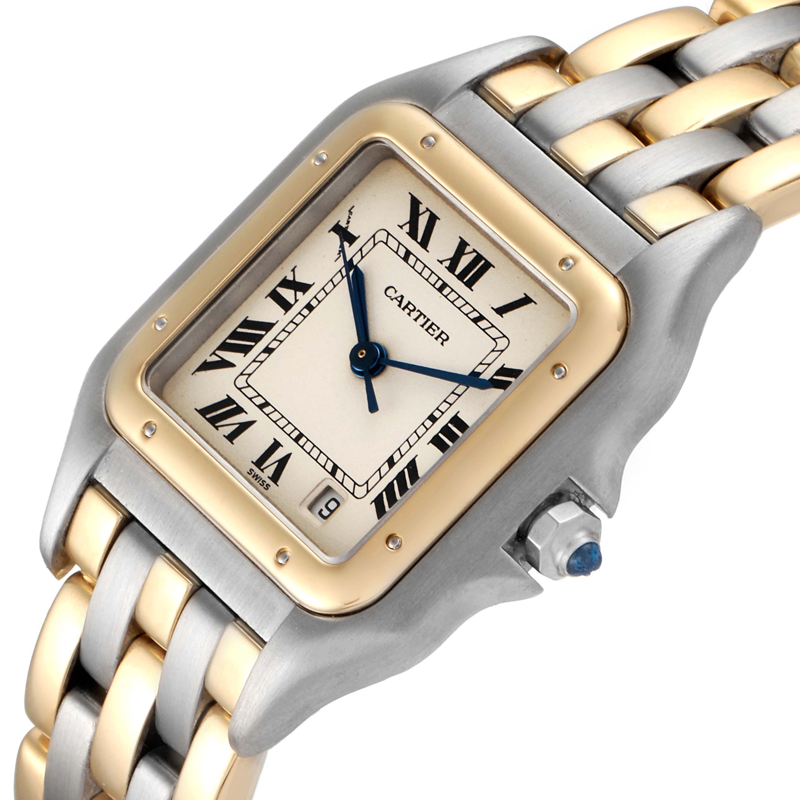 The image shows a close-up of a Cartier Panthere W25028B6 Women
s Steel and Gold (two tone) Silver Dial W25028B6 Women
s Steel and Gold (two tone) Silver Dial watch, displaying its face, crown, and part of the two-tone bracelet.