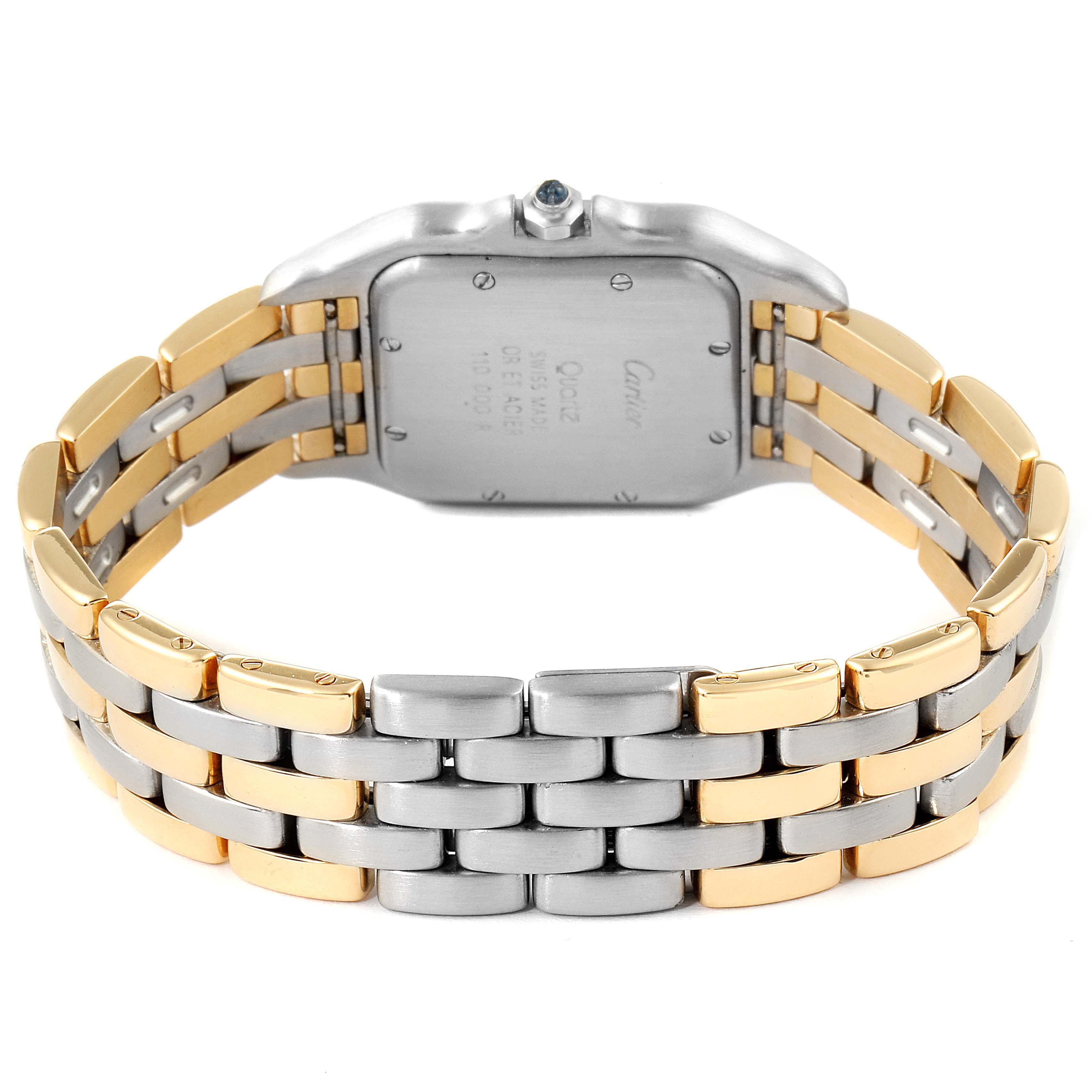 The image shows the back view of a Cartier Panthere W25028B6 Women
s Steel and Gold (two tone) Silver Dial W25028B6 Women
s Steel and Gold (two tone) Silver Dial watch, highlighting the two-tone metal bracelet and case back.
