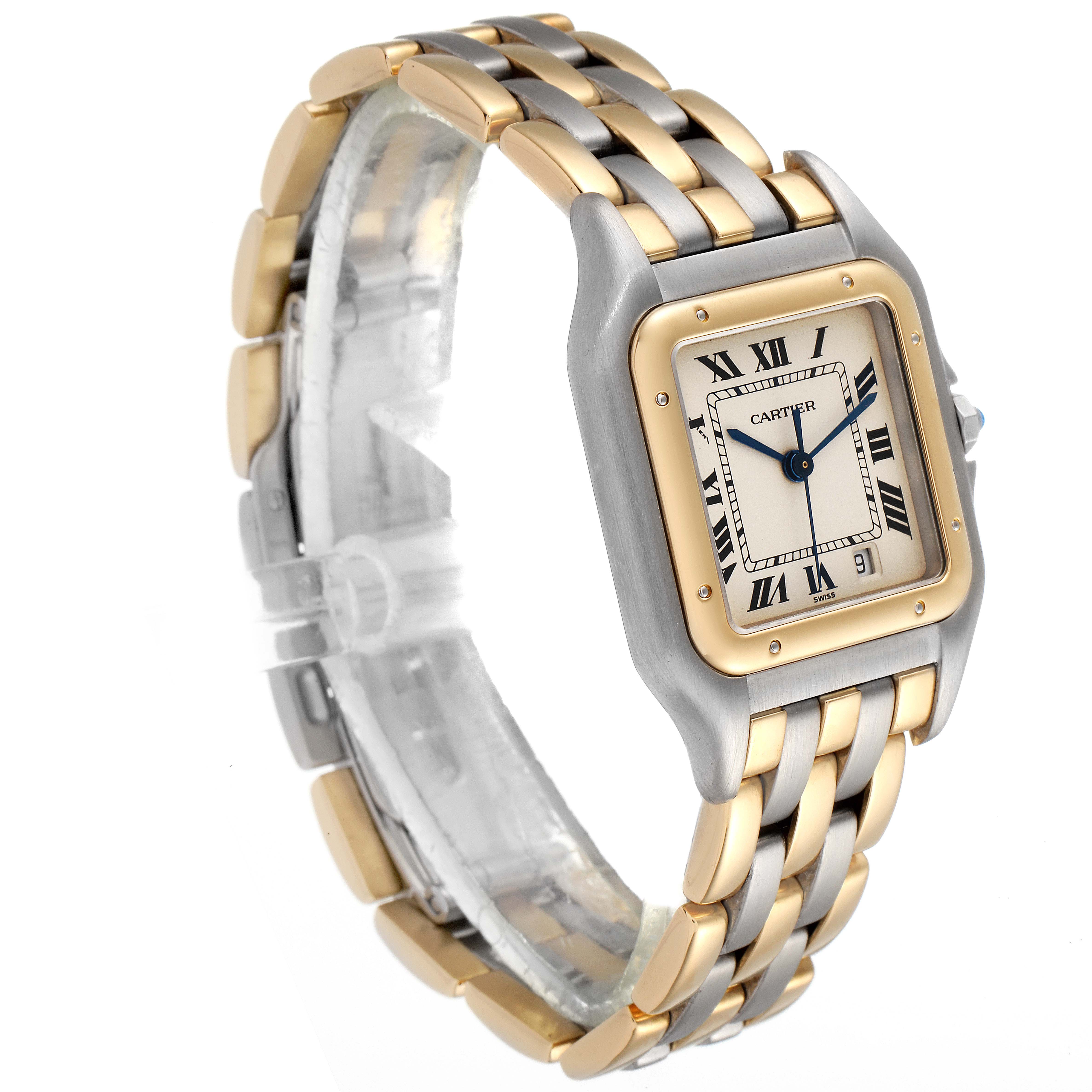 The image shows a Cartier Panthere W25028B6 Women
s Steel and Gold (two tone) Silver Dial W25028B6 Women
s Steel and Gold (two tone) Silver Dial watch at an angle highlighting its two-tone gold and silver bracelet and rectangular face.