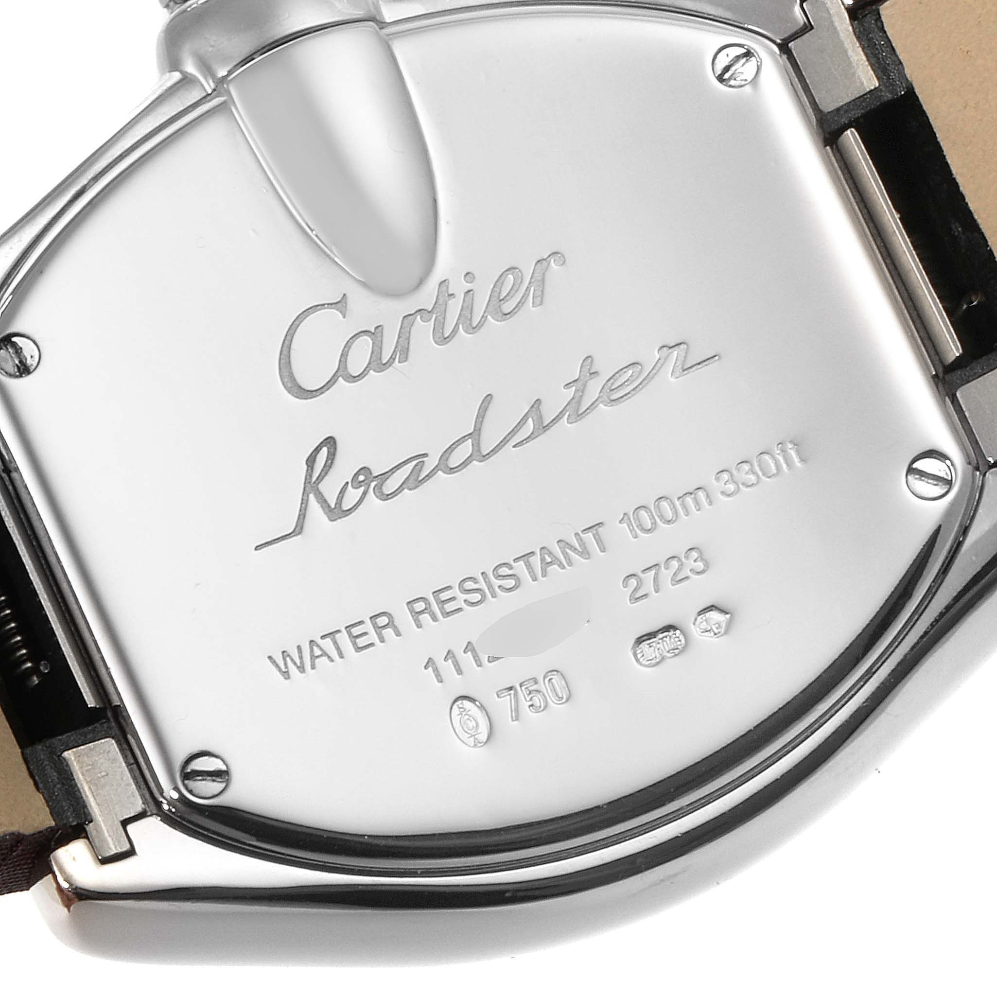 The image shows the back case of the Cartier Roadster WE500260 Women's White Gold Silver Dial WE500260 Women's White Gold Silver Dial watch with inscriptions and detail.