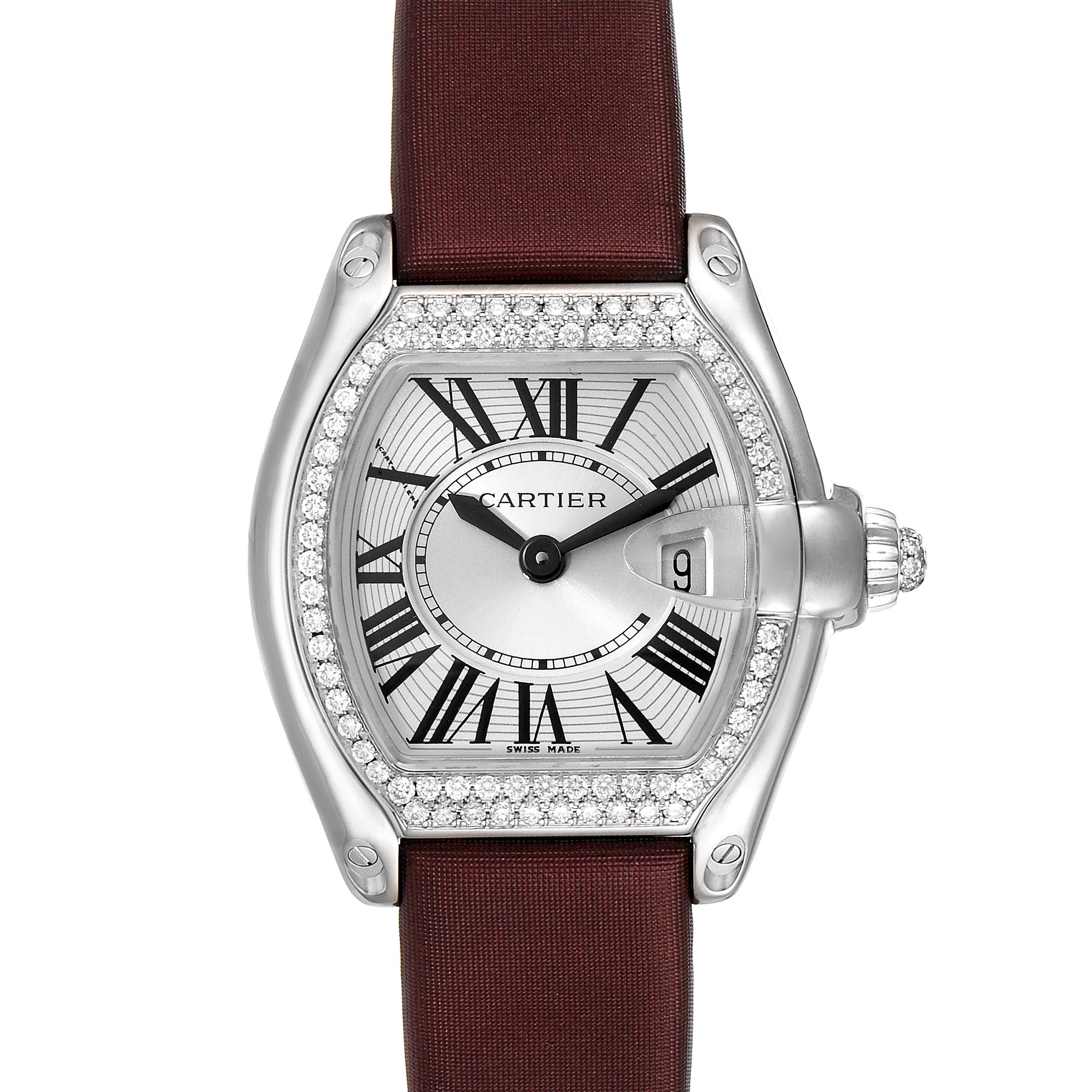 This image shows a Cartier Roadster WE500260 Women's White Gold Silver Dial WE500260 Women's White Gold Silver Dial watch from a front view, featuring the face, bezel, crown, and strap.