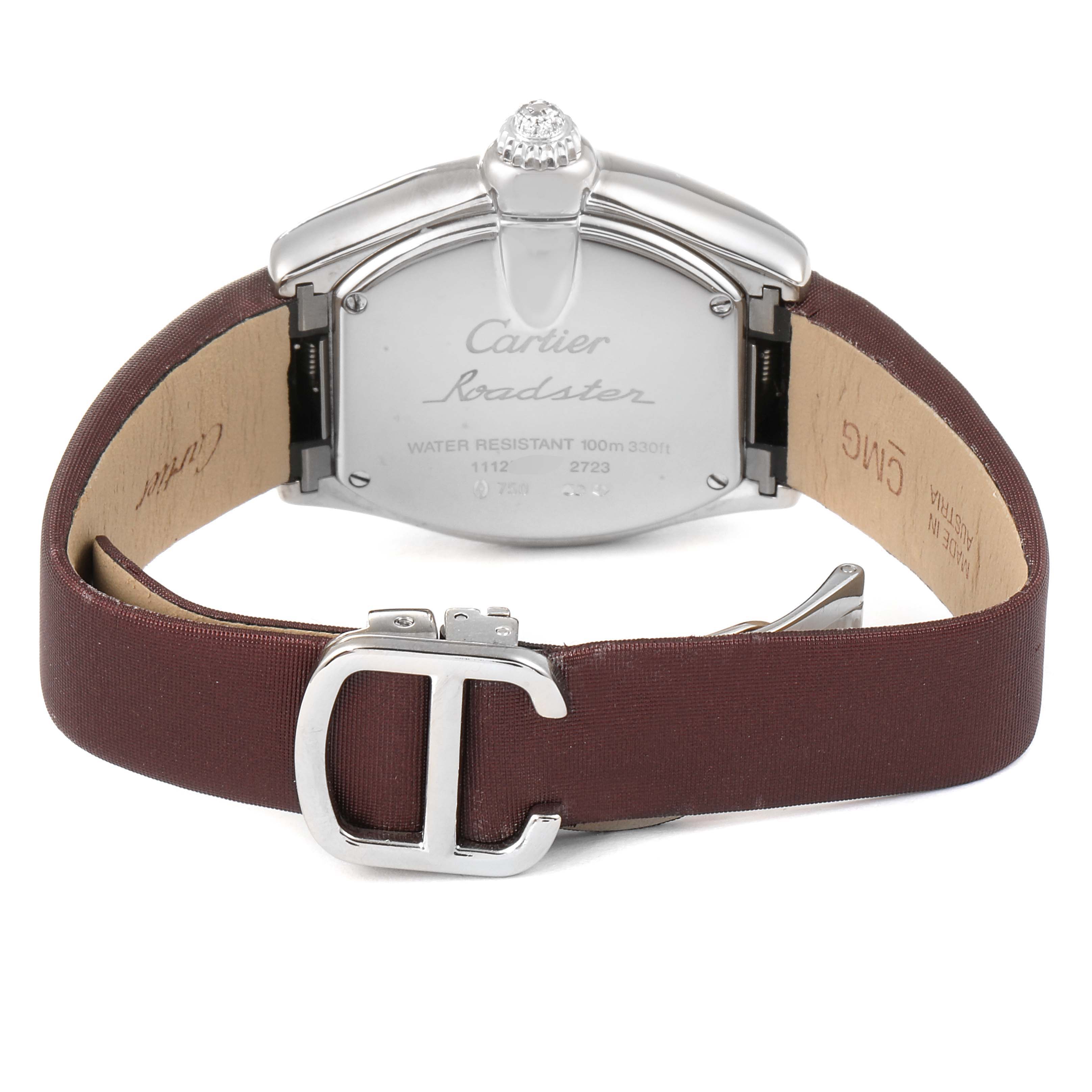 The image shows the back of a Cartier Roadster WE500260 Women's White Gold Silver Dial WE500260 Women's White Gold Silver Dial watch with a brown strap and metal buckle.