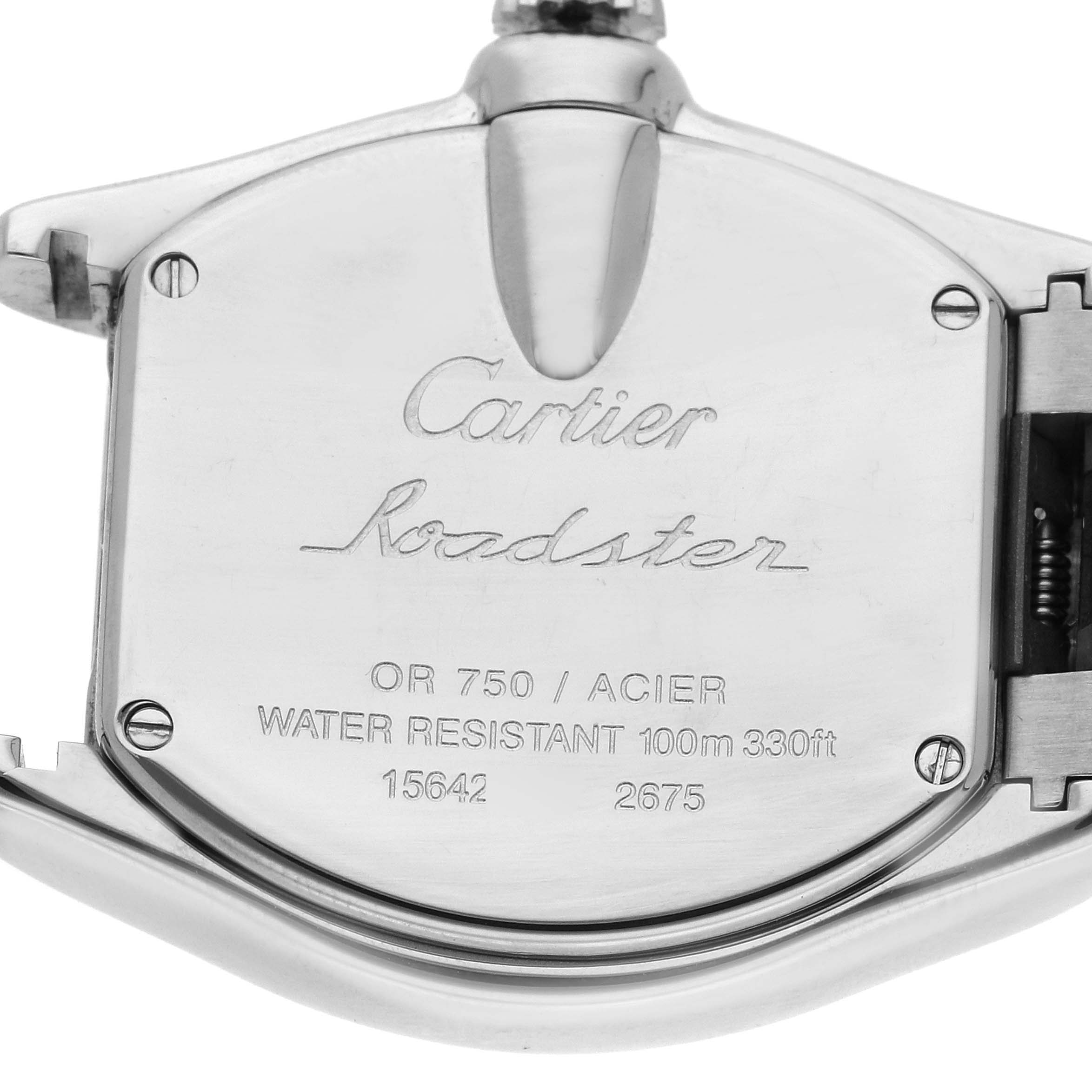 The image shows the back of the Cartier Roadster W62026Y4 Women
s Steel and Gold (two tone) Silver Dial W62026Y4 Women
s Steel and Gold (two tone) Silver Dial watch with engravings visible, focusing on its case details and markings.
