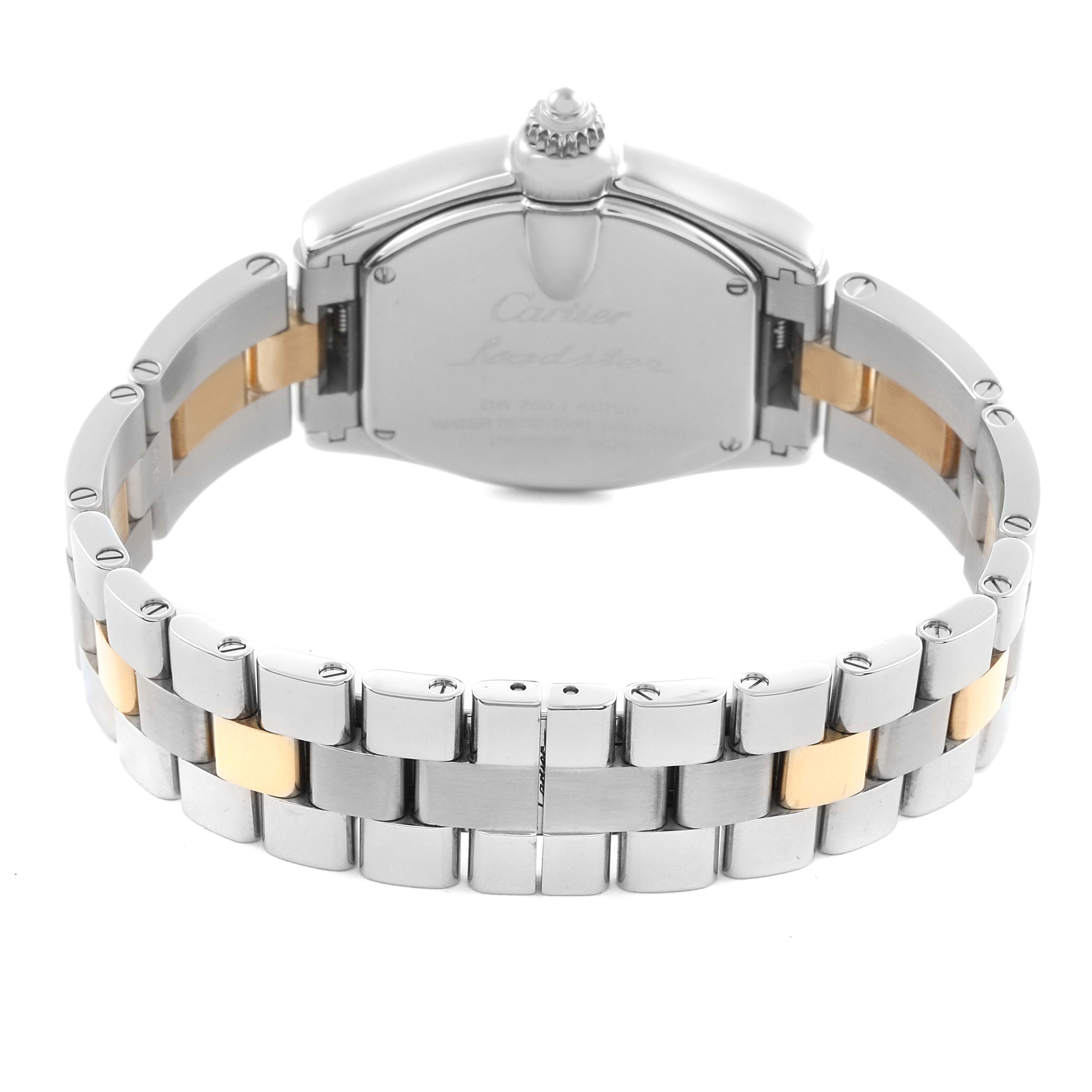 The Cartier Roadster W62026Y4 Women
s Steel and Gold (two tone) Silver Dial W62026Y4 Women
s Steel and Gold (two tone) Silver Dial watch is shown from the back, highlighting its case, clasp, and two-tone bracelet.