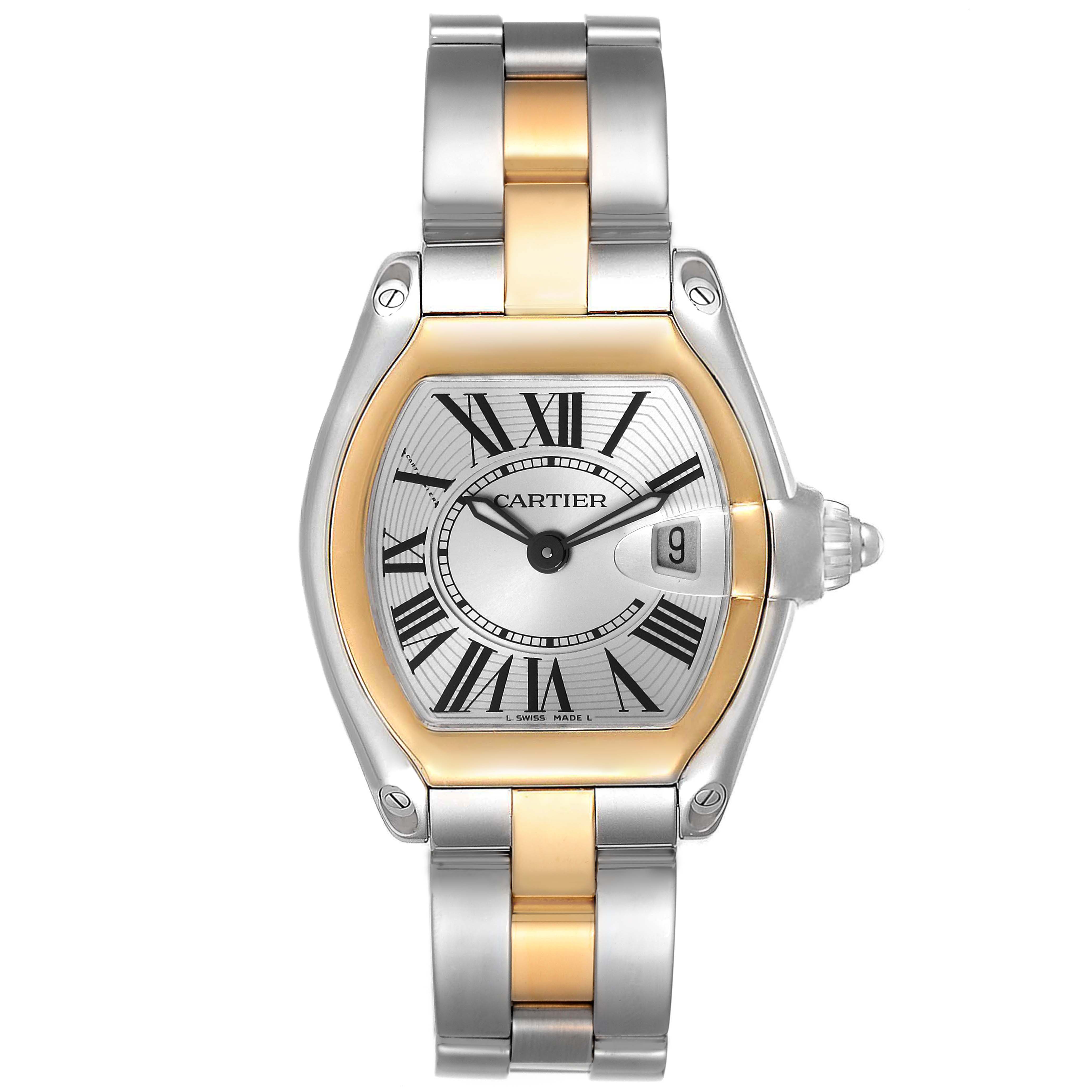 The image shows a front view of the Cartier Roadster W62026Y4 Women
s Steel and Gold (two tone) Silver Dial W62026Y4 Women
s Steel and Gold (two tone) Silver Dial watch, highlighting the dial, bezel, and metal bracelet.