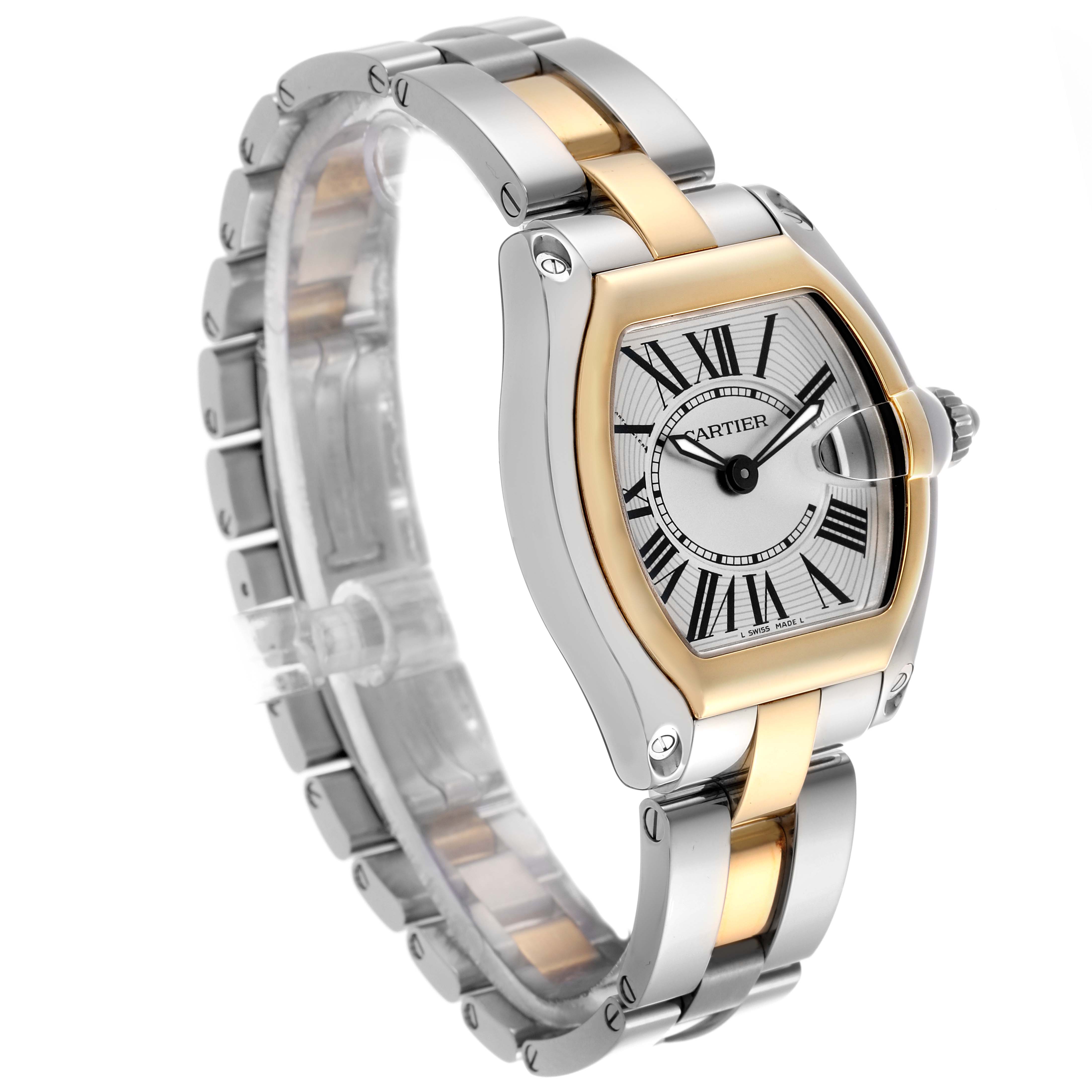 The Cartier Roadster W62026Y4 Women
s Steel and Gold (two tone) Silver Dial W62026Y4 Women
s Steel and Gold (two tone) Silver Dial watch is shown at an angle displaying the face, bezel, bracelet, and crown.