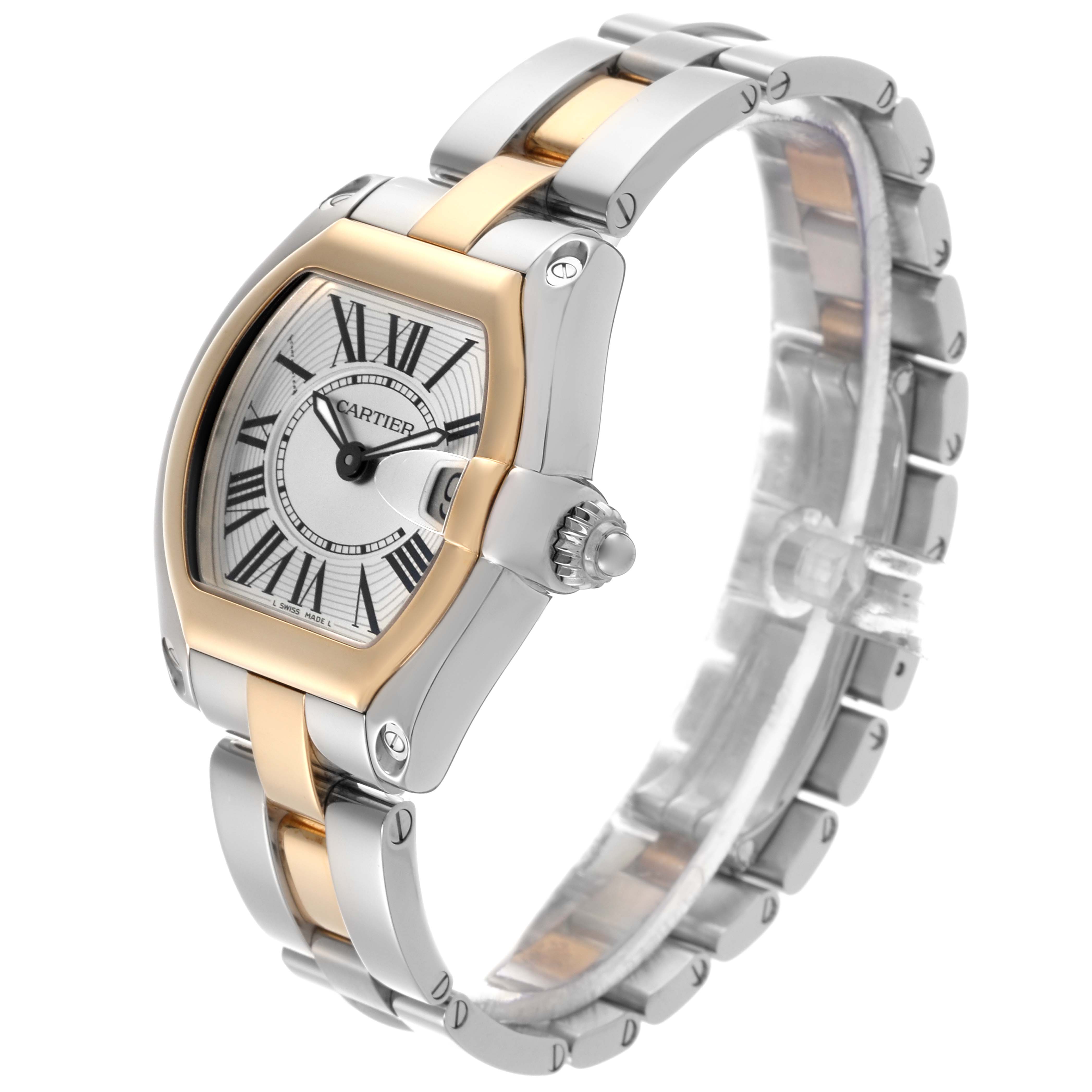 The Cartier Roadster W62026Y4 Women
s Steel and Gold (two tone) Silver Dial W62026Y4 Women
s Steel and Gold (two tone) Silver Dial watch is shown at a three-quarter angle, highlighting the case, crown, and bracelet.