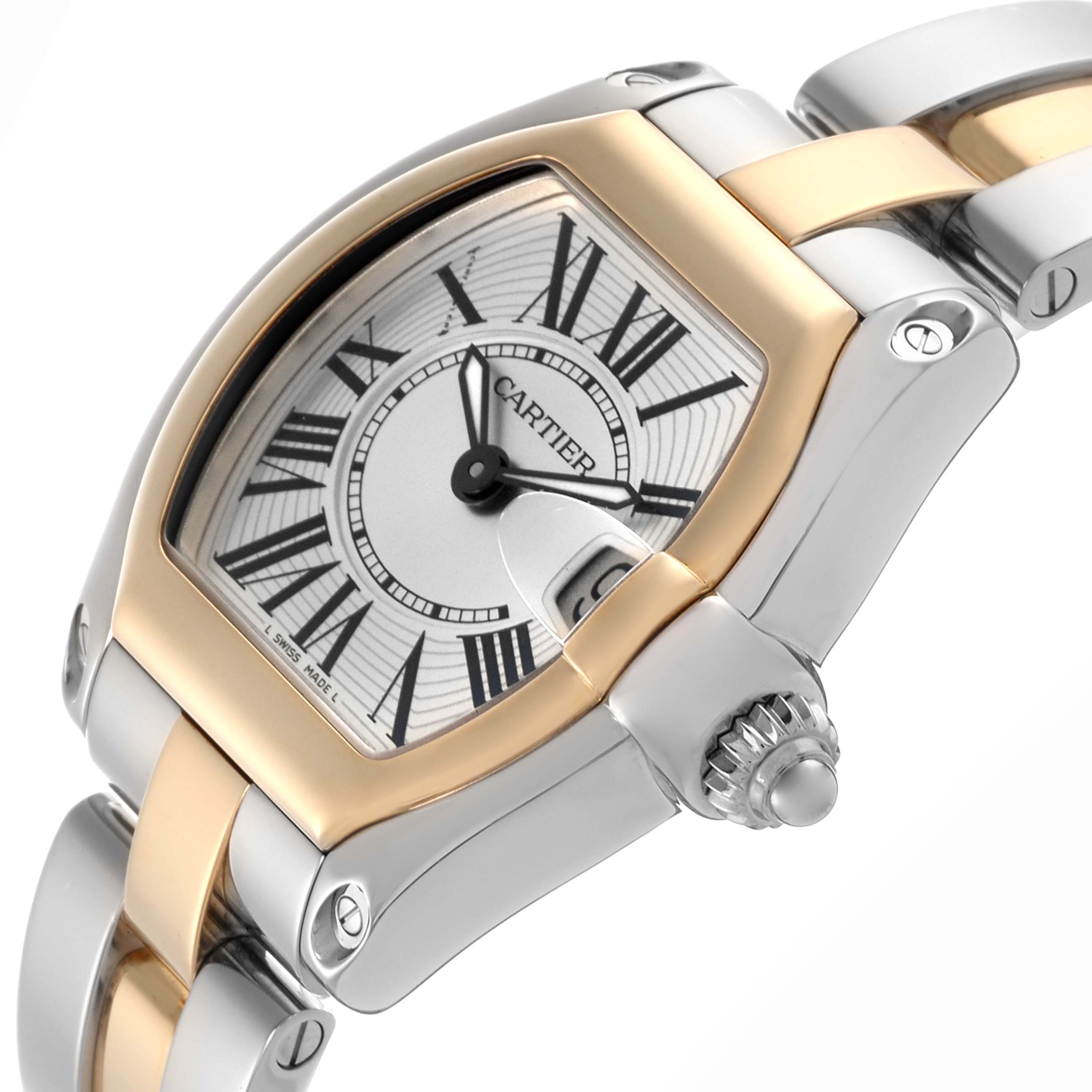 The Cartier Roadster W62026Y4 Women
s Steel and Gold (two tone) Silver Dial W62026Y4 Women
s Steel and Gold (two tone) Silver Dial watch is shown at an angled view, highlighting the dial, Roman numerals, and metal bracelet.