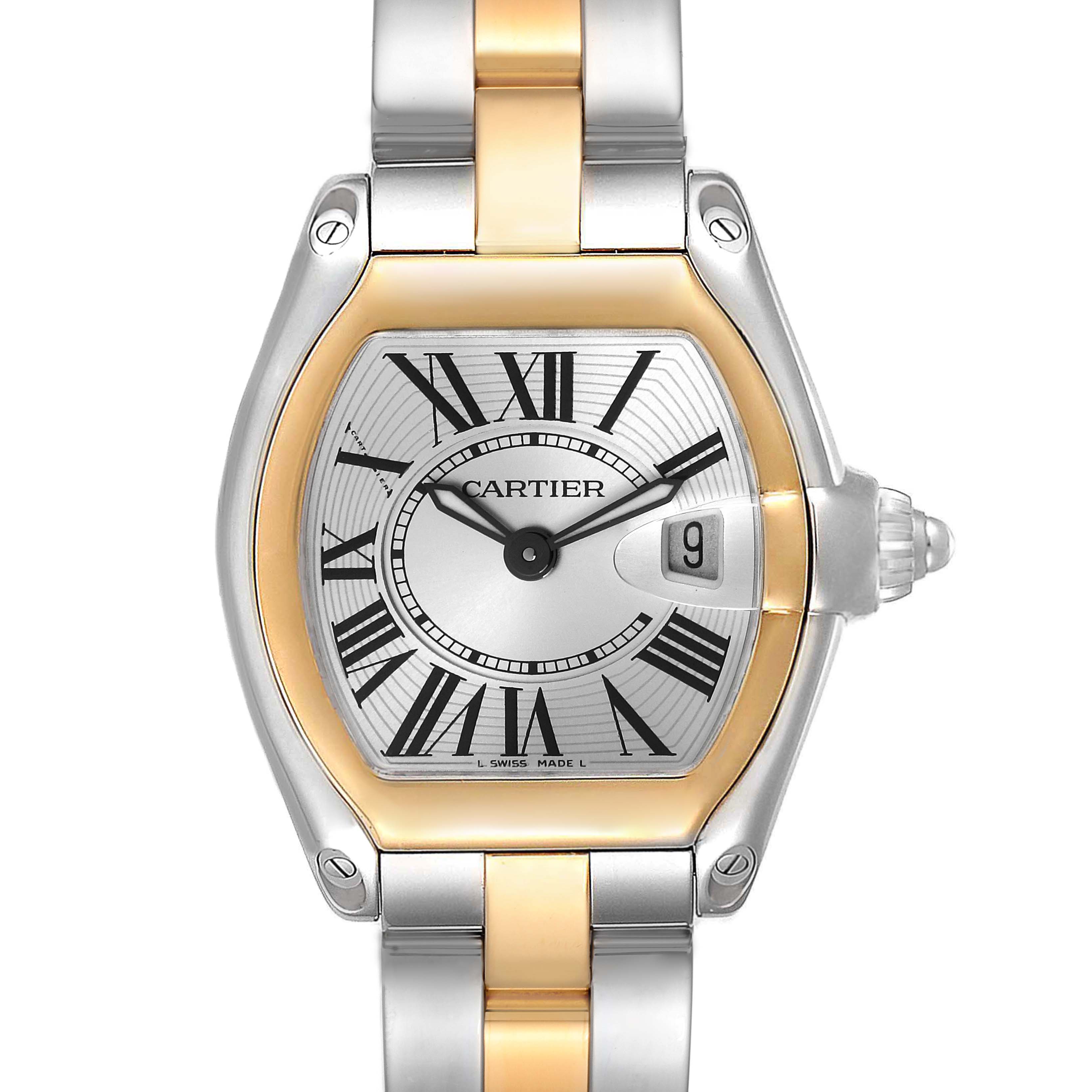 The Cartier Roadster W62026Y4 Women
s Steel and Gold (two tone) Silver Dial W62026Y4 Women
s Steel and Gold (two tone) Silver Dial watch is shown from a front angle, highlighting its dial, case, and part of the bracelet.