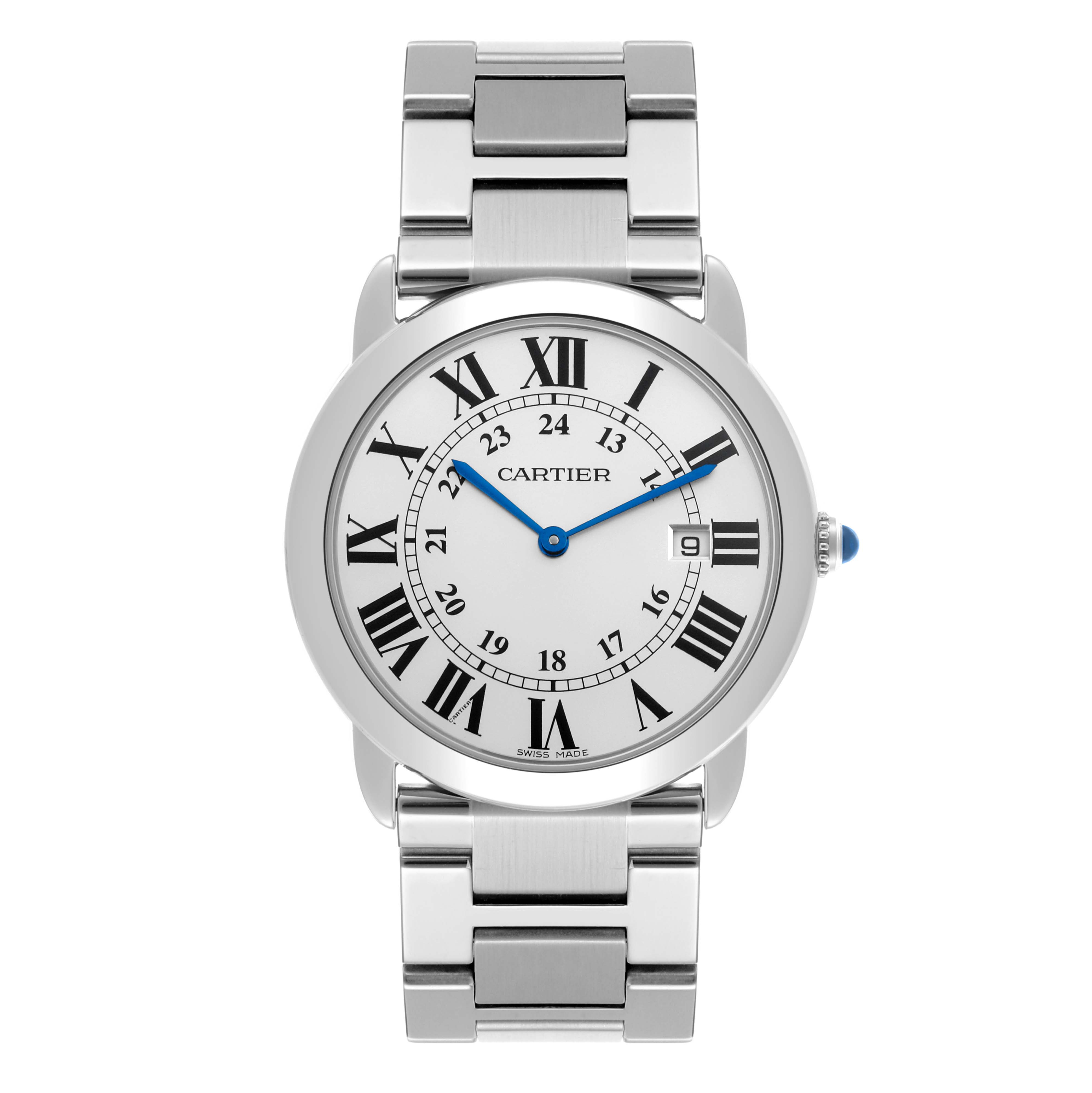 The Cartier Ronde W6701005 Men
s Stainless Steel Silver Dial W6701005 Men
s Stainless Steel Silver Dial watch is shown from a top view, highlighting its round face, Roman numerals, blue hands, and metal bracelet.