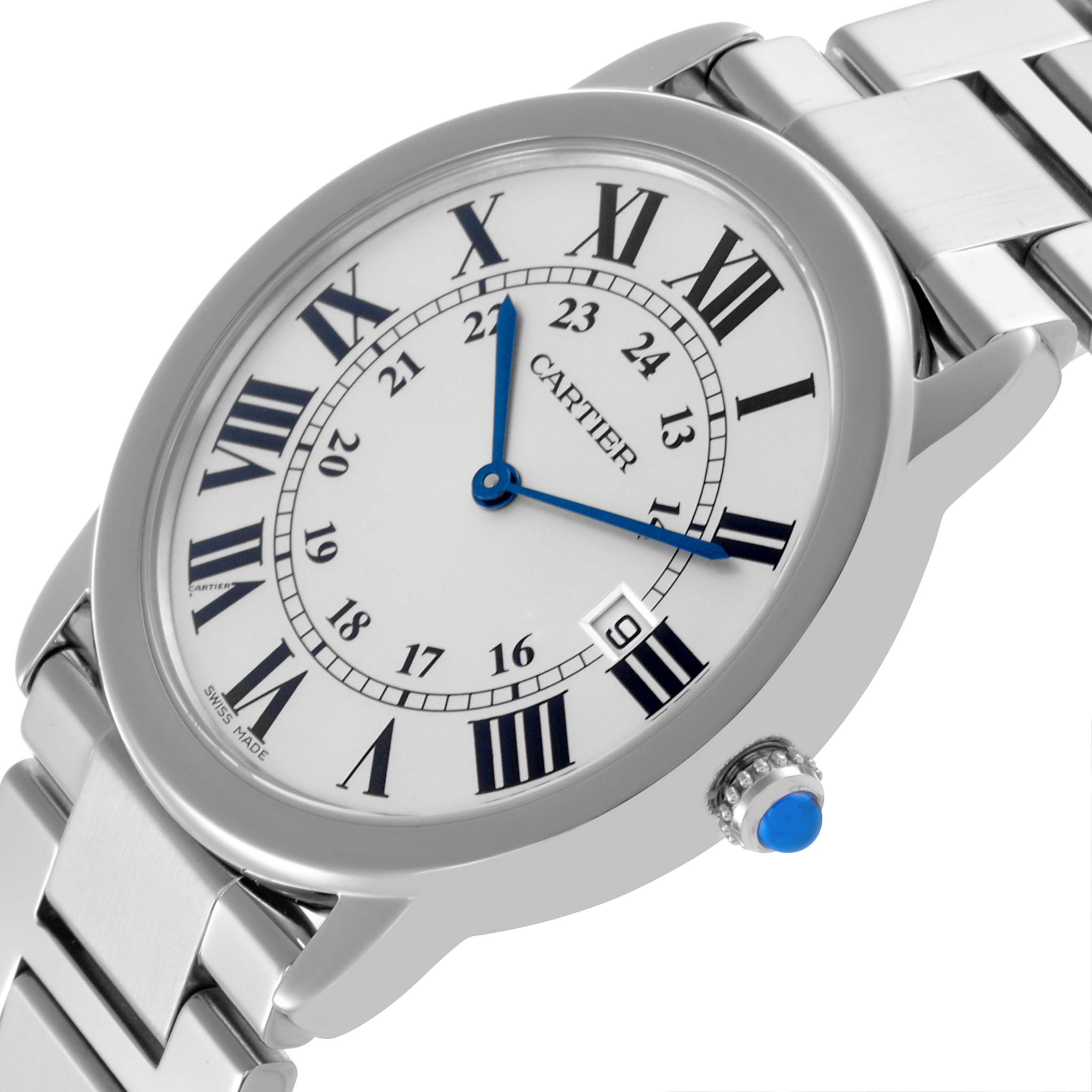 The Cartier Ronde W6701005 Men
s Stainless Steel Silver Dial W6701005 Men
s Stainless Steel Silver Dial watch is shown at an angled side view, highlighting the dial, blue hands, Roman numerals, case, crown, and bracelet.