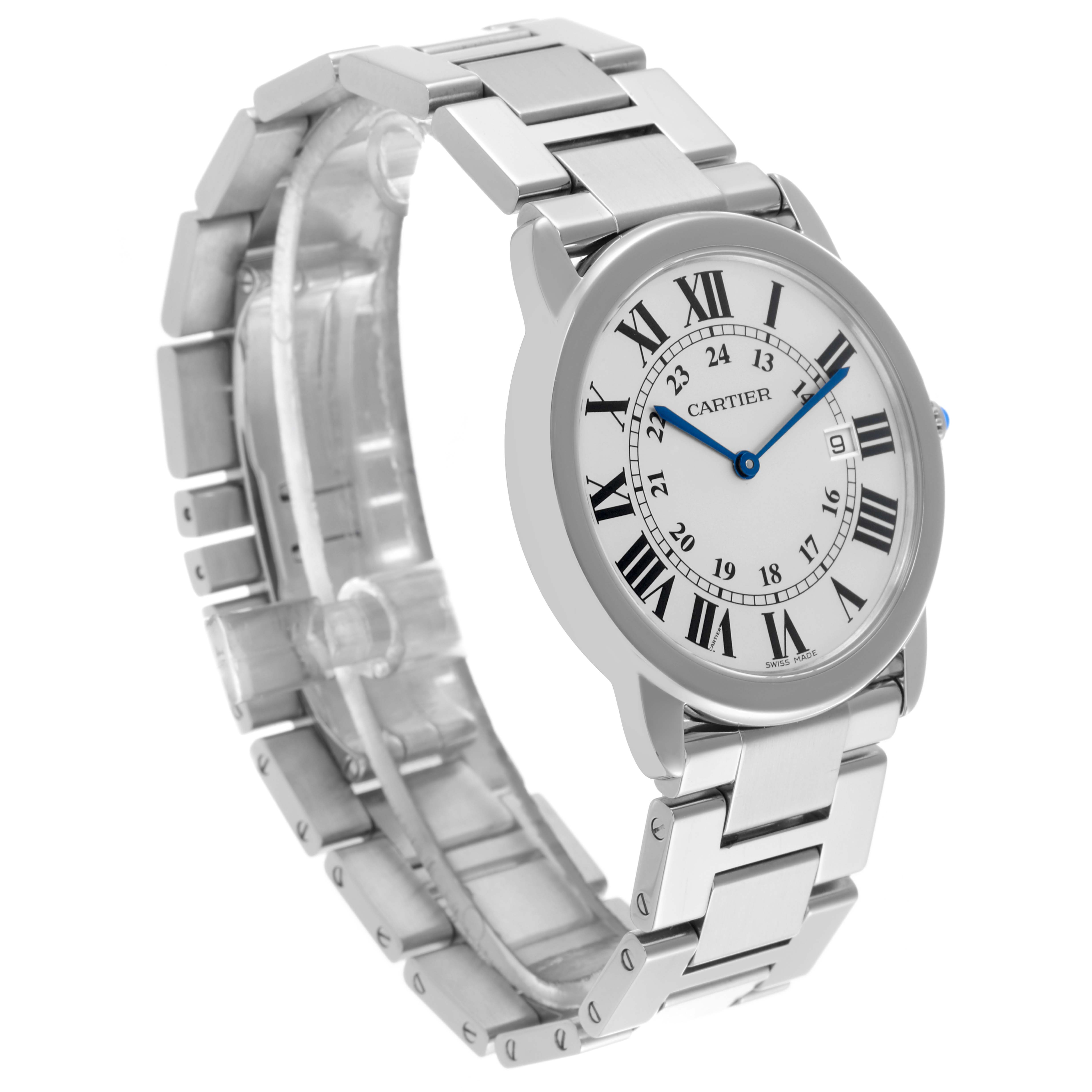 The Cartier Ronde W6701005 Men
s Stainless Steel Silver Dial W6701005 Men
s Stainless Steel Silver Dial watch is shown at a slight angle, displaying the face, Roman numerals, and metal bracelet.