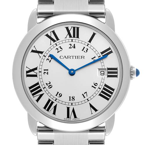 The Cartier Ronde watch is shown from the front, displaying its dial, Roman numerals, blue hands, and part of the bracelet.