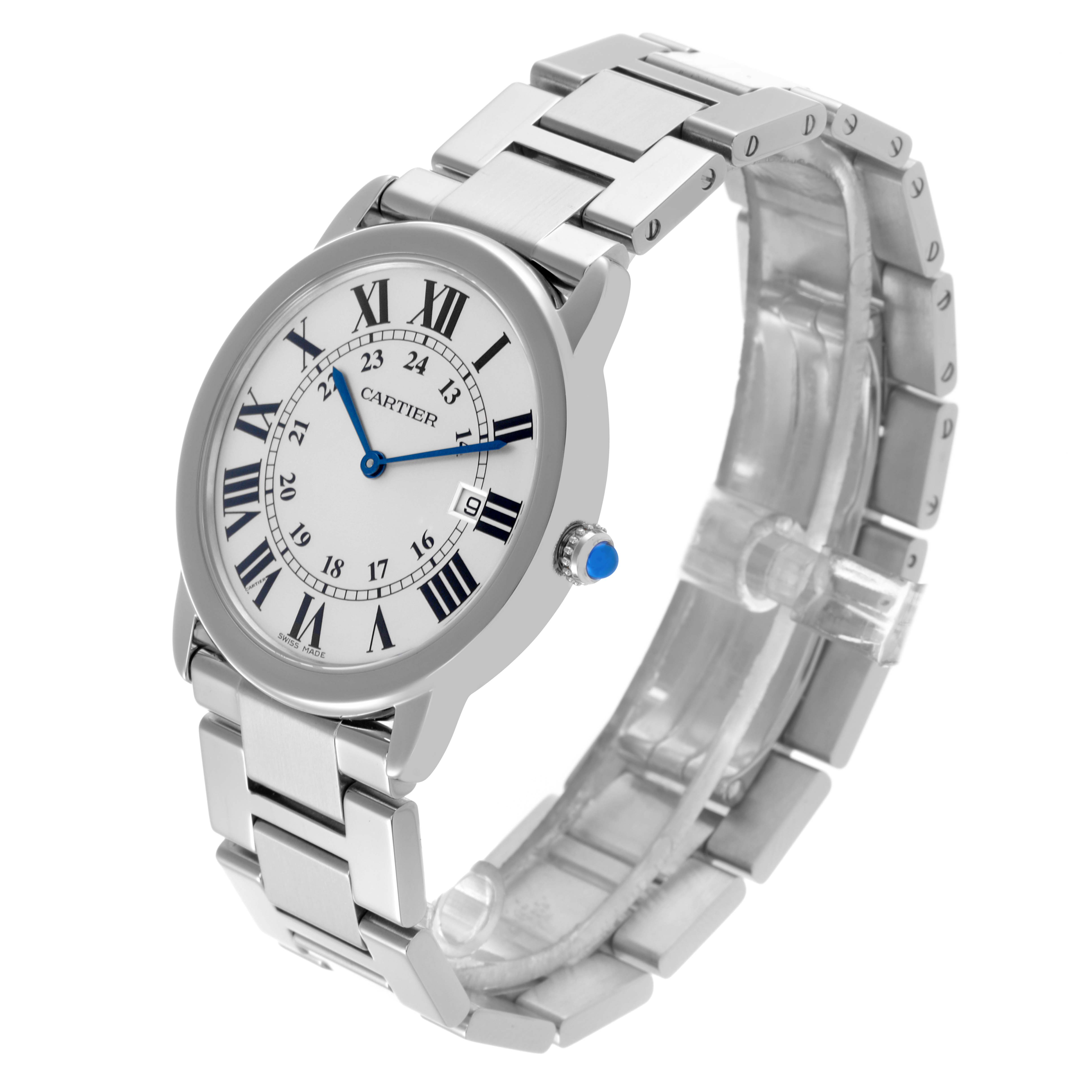 The Cartier Ronde W6701005 Men
s Stainless Steel Silver Dial W6701005 Men
s Stainless Steel Silver Dial watch is shown at a three-quarter angle, displaying the face, bezel, bracelet, and crown with a blue gem.