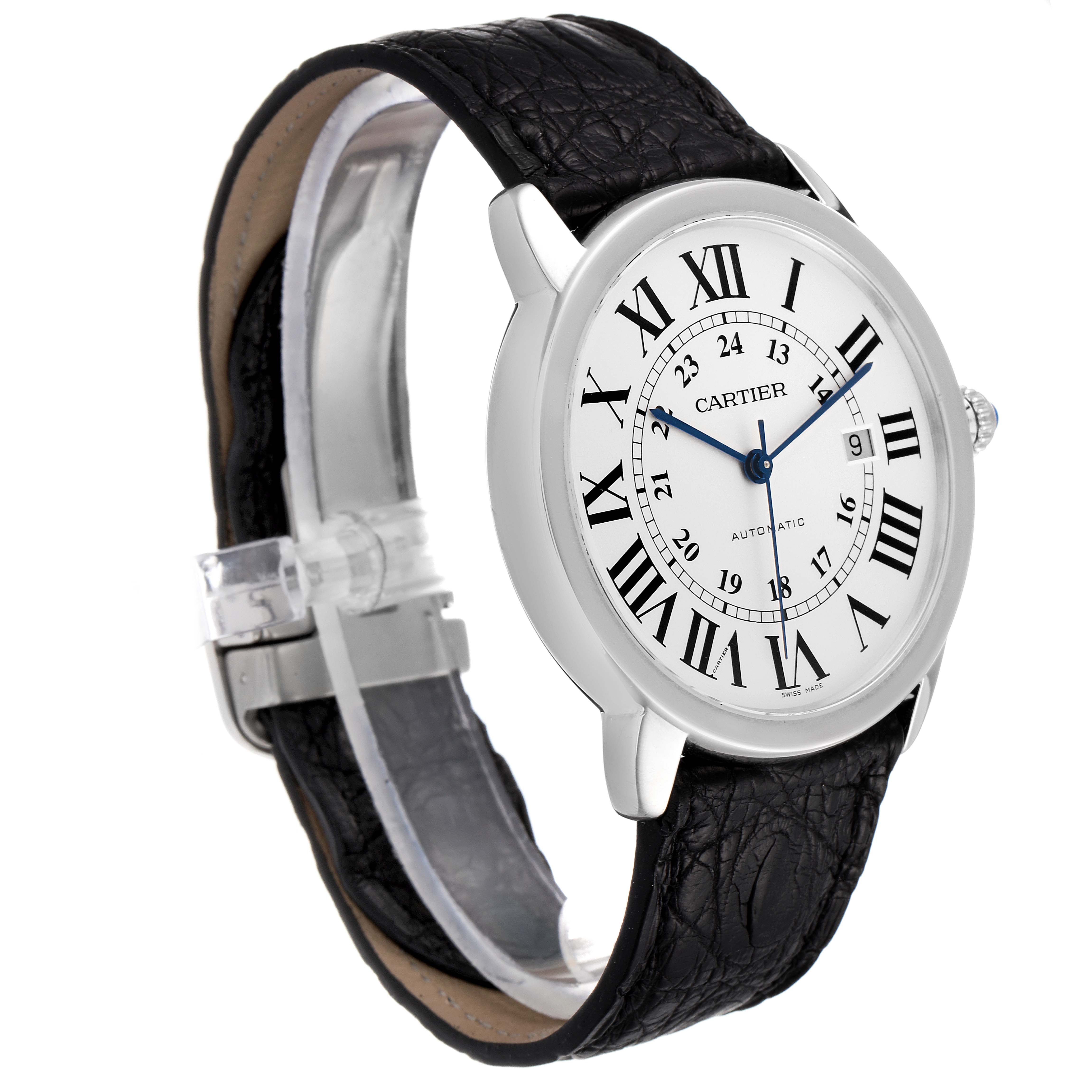 The image shows a side and partial front view of the Cartier Ronde W6701010 Men
s Stainless Steel Silver Dial W6701010 Men
s Stainless Steel Silver Dial watch, highlighting its black leather strap and Roman numeral dial.