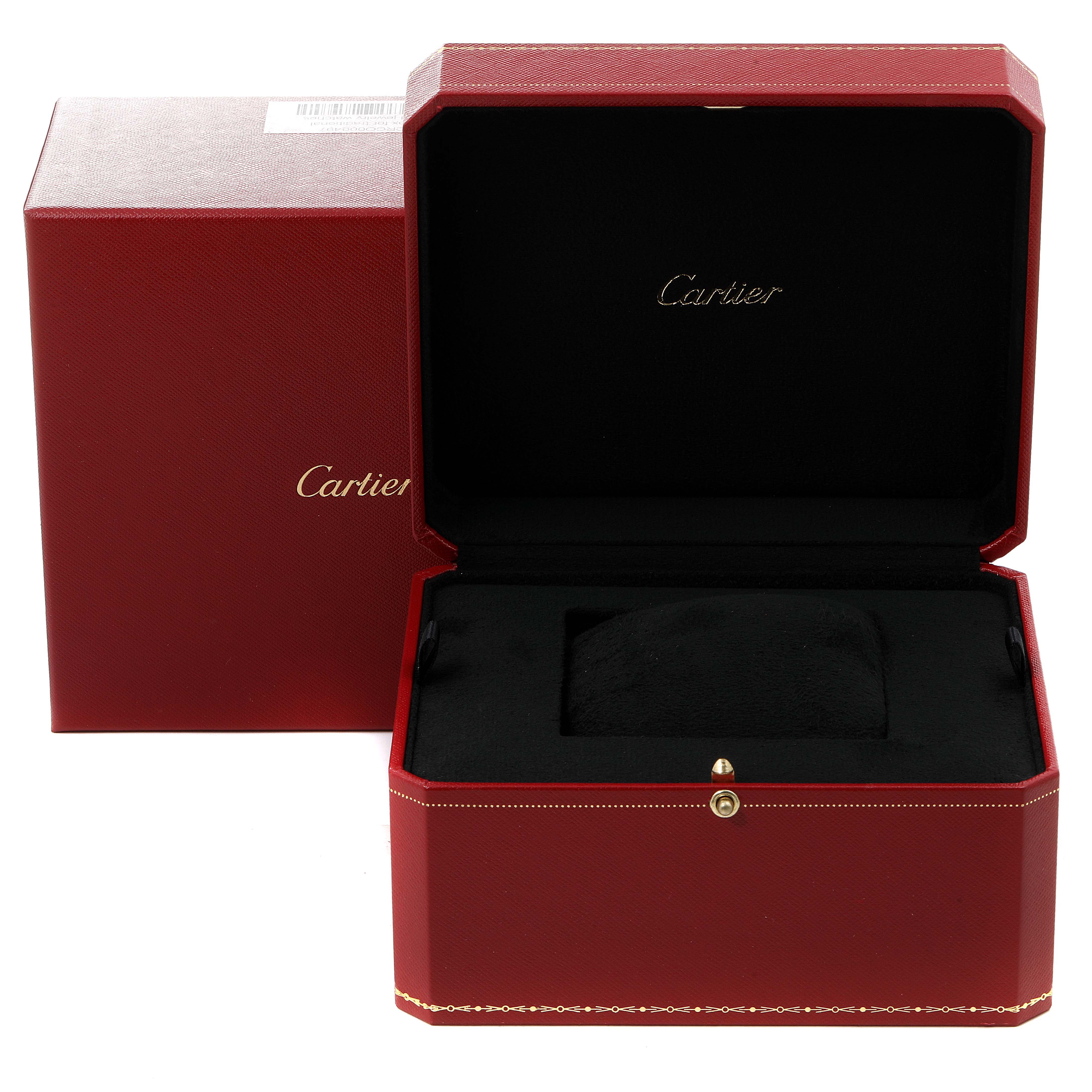 The image shows the open box and outer box for the Cartier Ronde W6701010 Men
s Stainless Steel Silver Dial W6701010 Men
s Stainless Steel Silver Dial model watch, with the Cartier logo visible inside the box.