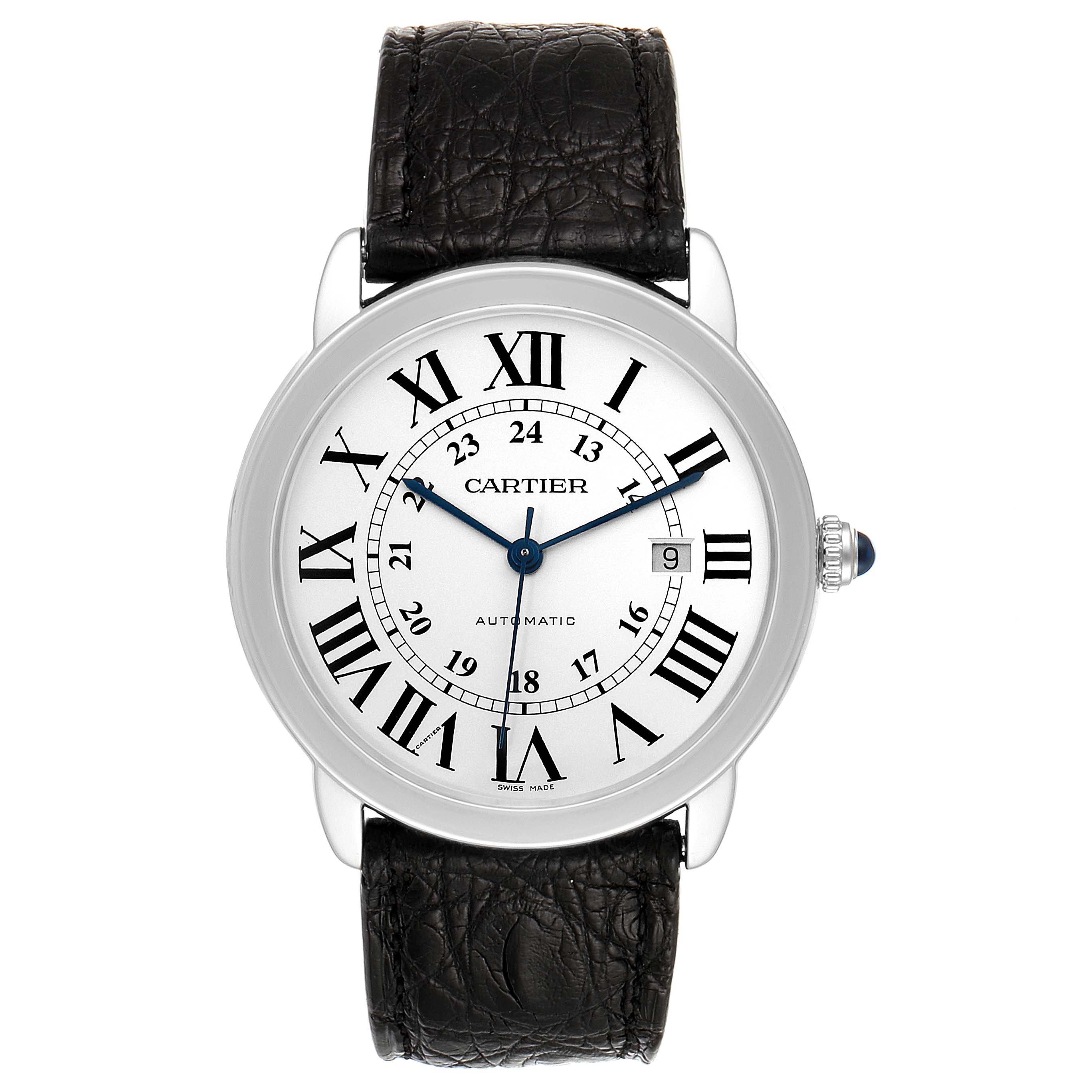 This image shows a front view of the Cartier Ronde W6701010 Men
s Stainless Steel Silver Dial W6701010 Men
s Stainless Steel Silver Dial watch, displaying its Roman numeral dial, hands, date window, and black leather strap.