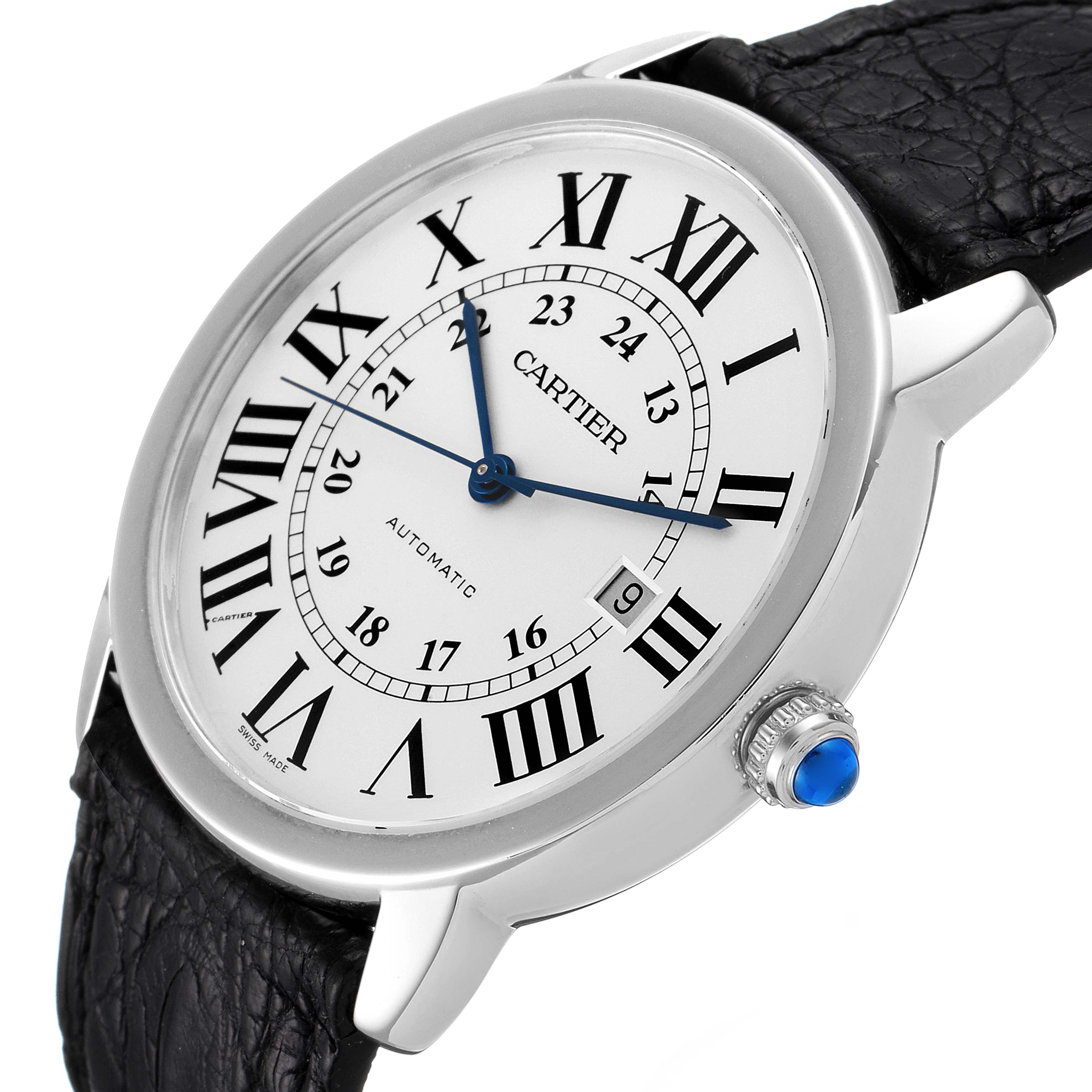 The Ronde model by Cartier is shown from an angled side view, displaying the watch face, hands, crown, and part of the strap.