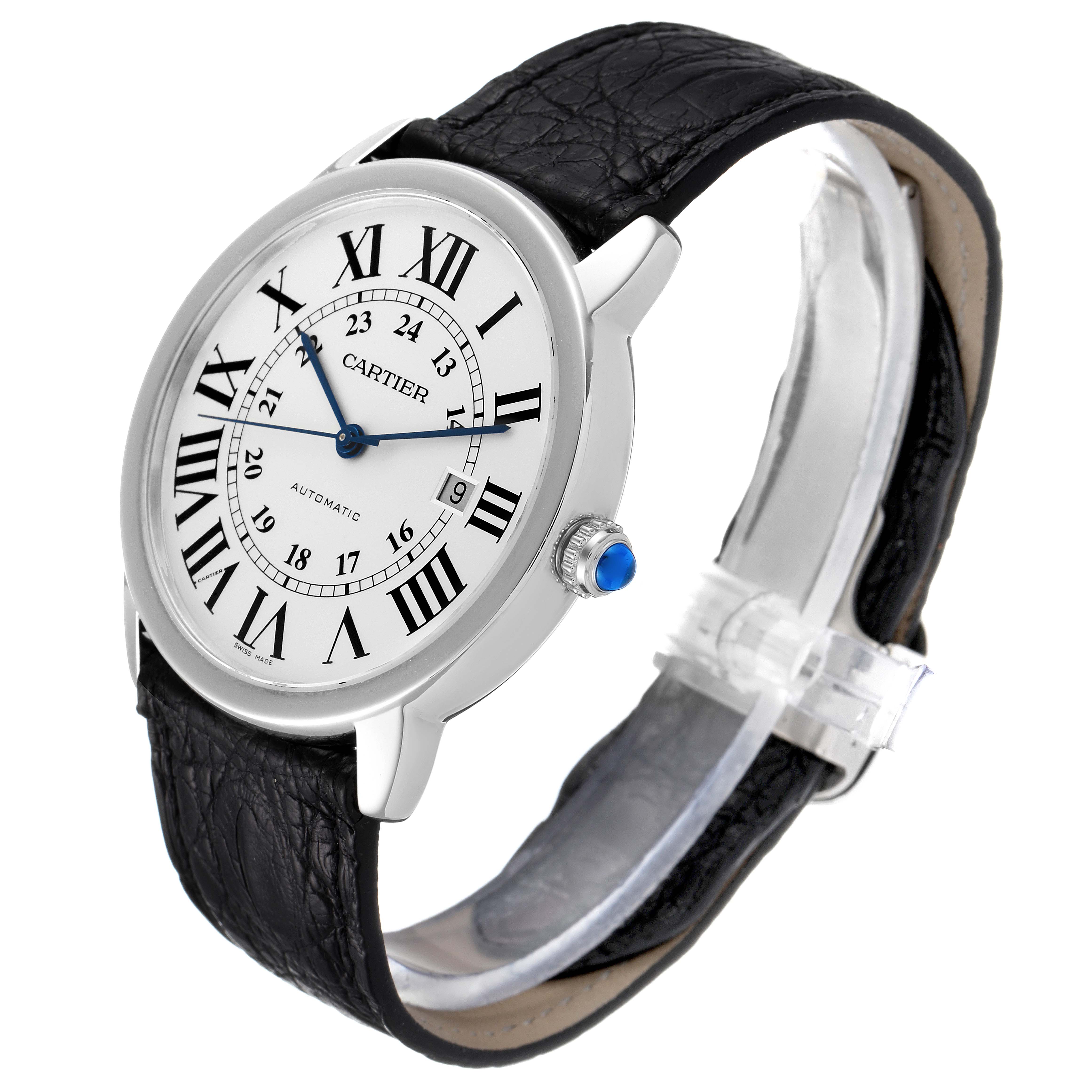 The Cartier Ronde W6701010 Men
s Stainless Steel Silver Dial W6701010 Men
s Stainless Steel Silver Dial watch is shown at a slight angle, displaying the face, strap, crown, and clasp.