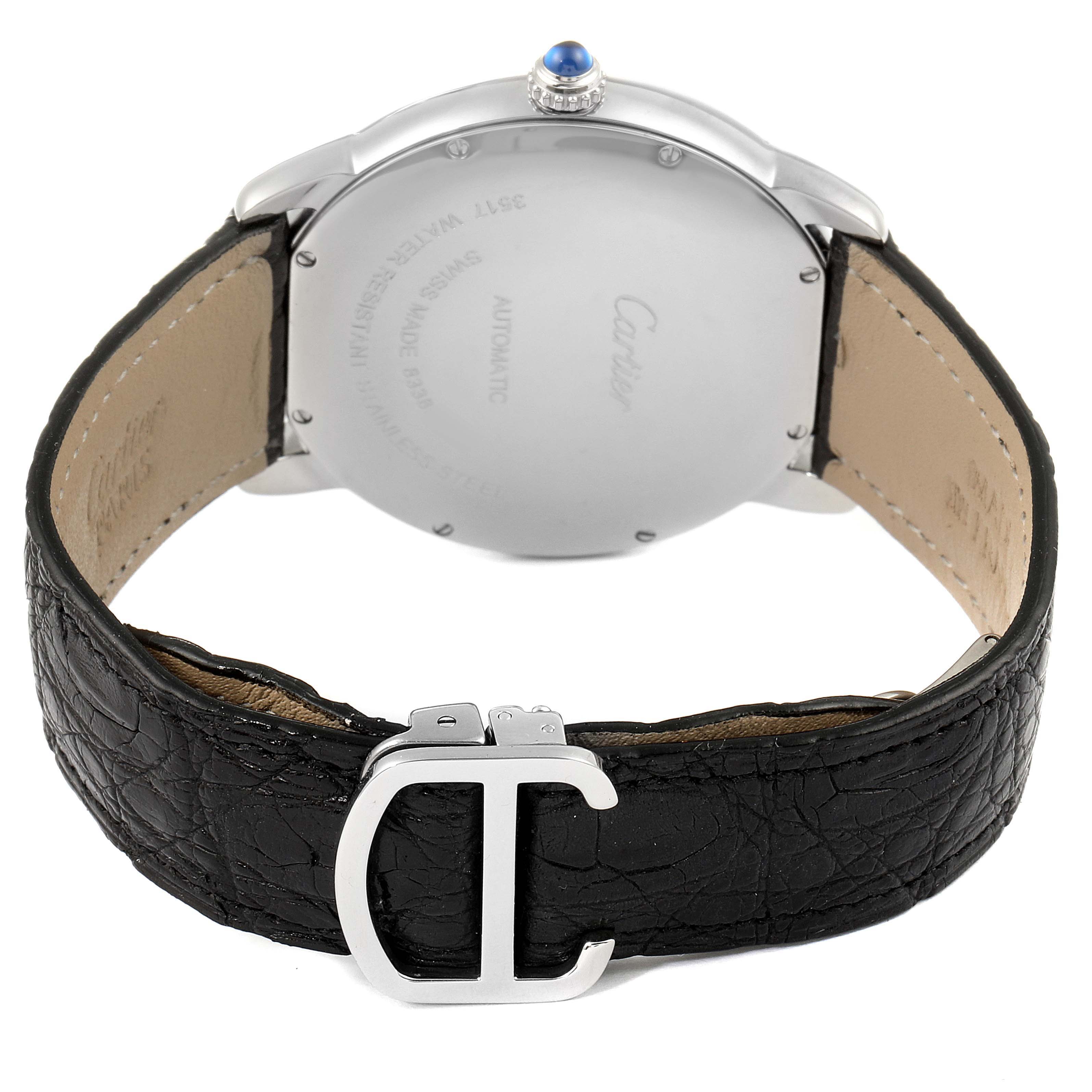 The image shows the back case, leather strap, and buckle of the Cartier Ronde W6701010 Men
s Stainless Steel Silver Dial W6701010 Men
s Stainless Steel Silver Dial watch, with the crown visible from a slightly angled rear view.