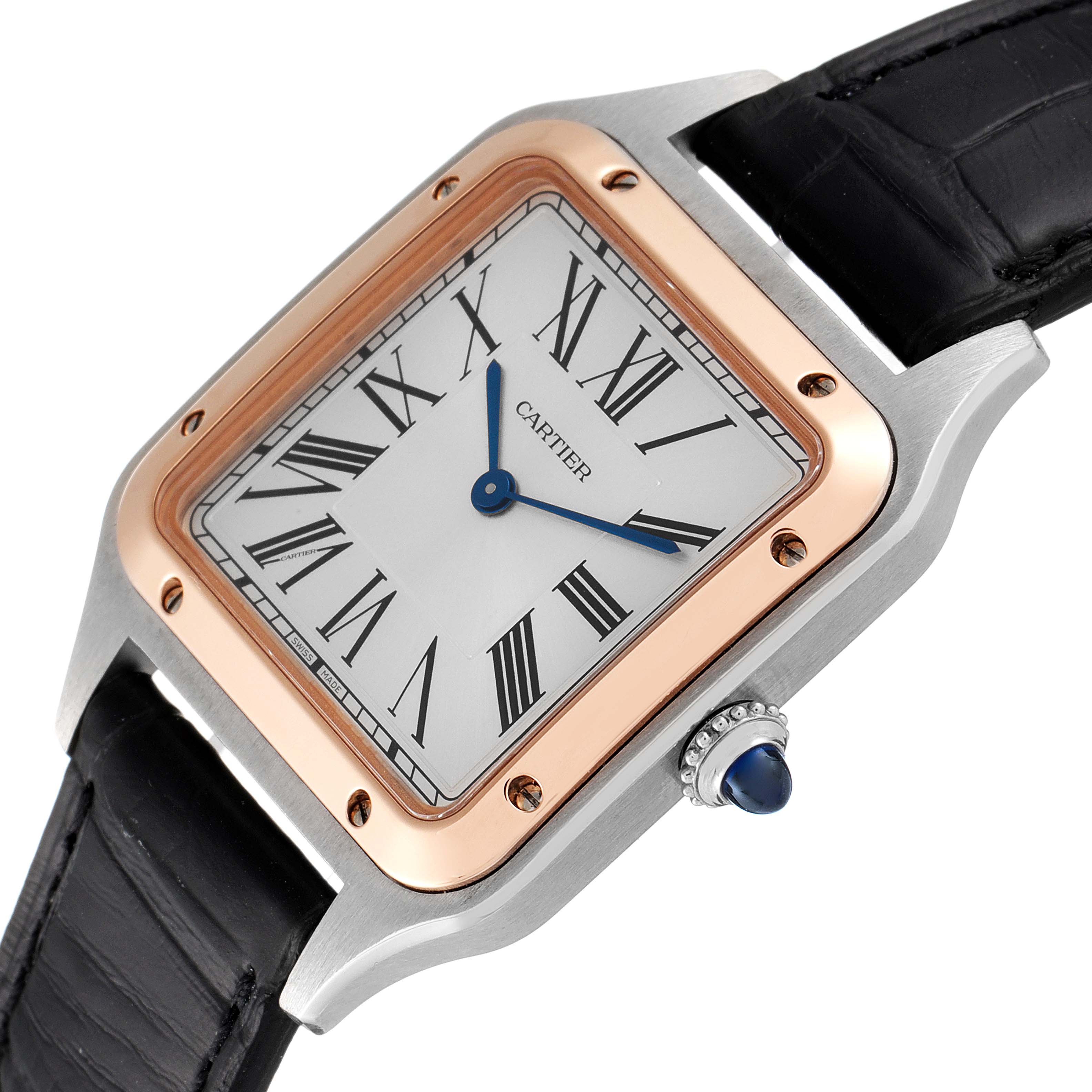 The image shows a close-up of the face and part of the strap of a Cartier Santos Dumont W2SA0011 Men's Steel and Gold (two tone) Silver Dial W2SA0011 Men's Steel and Gold (two tone) Silver Dial watch.