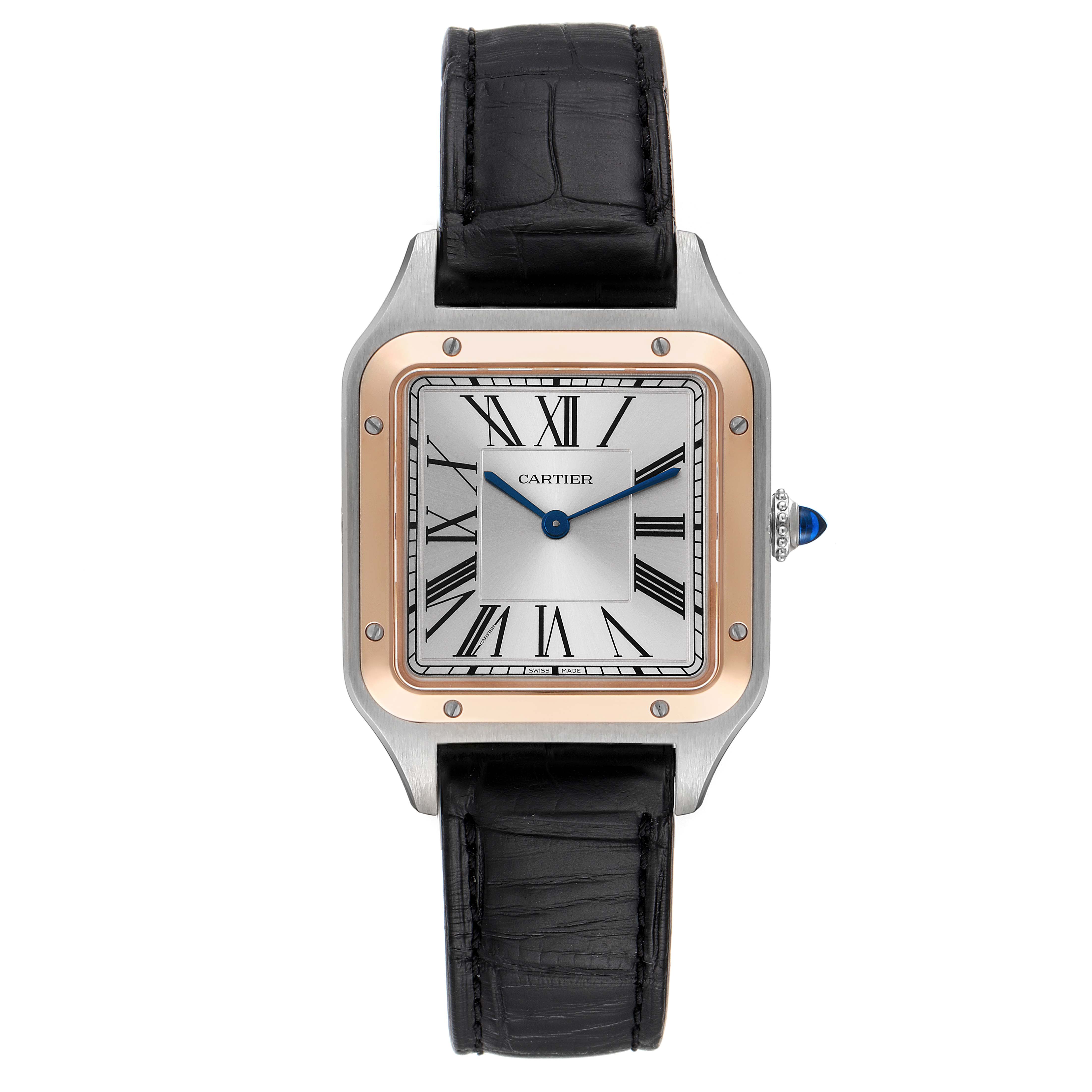 The image shows a frontal view of a Cartier Santos Dumont W2SA0011 Men's Steel and Gold (two tone) Silver Dial W2SA0011 Men's Steel and Gold (two tone) Silver Dial watch, featuring its face, bezel, and strap.