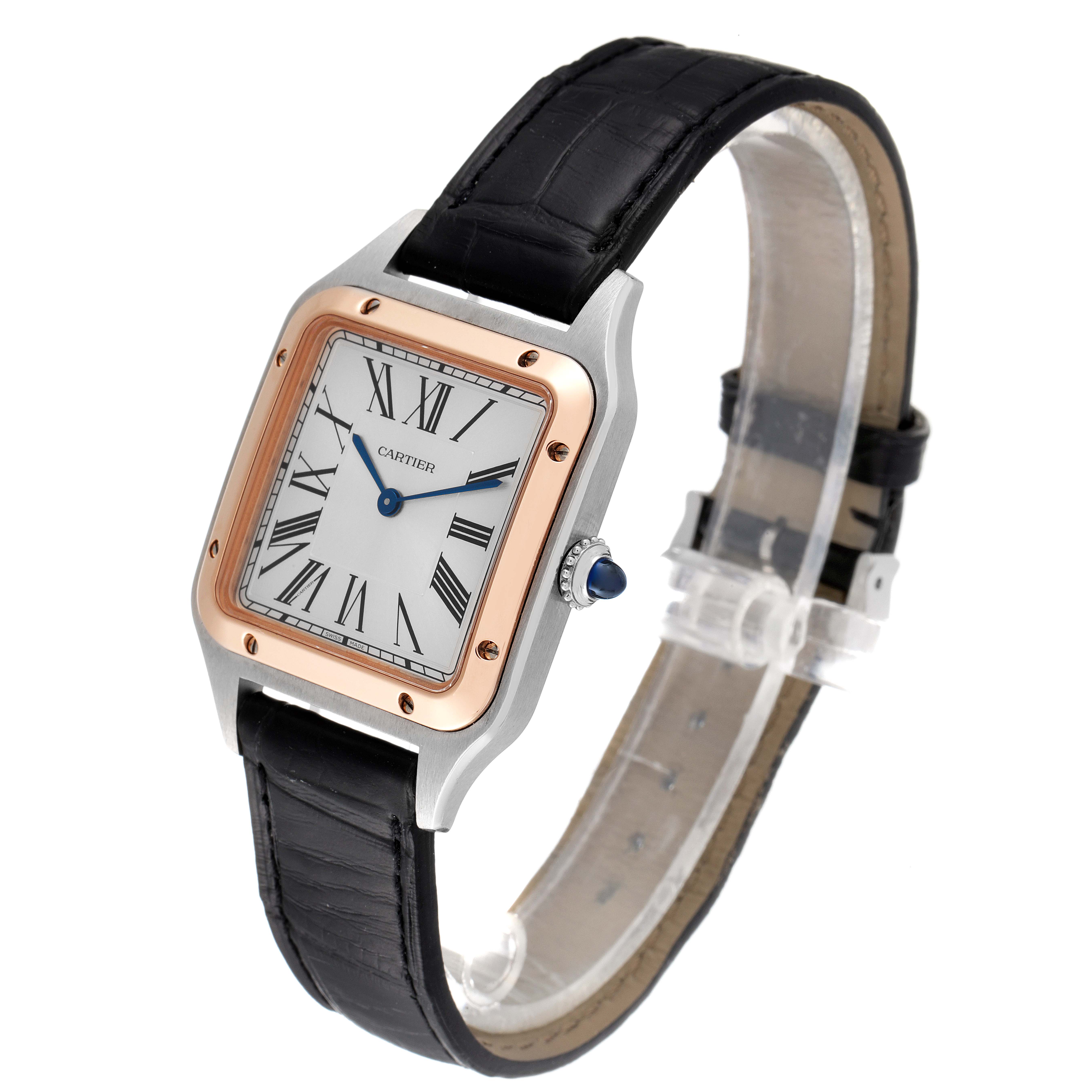 The image shows a Cartier Santos Dumont W2SA0011 Men's Steel and Gold (two tone) Silver Dial W2SA0011 Men's Steel and Gold (two tone) Silver Dial watch from an angled perspective, highlighting its face, strap, and crown.