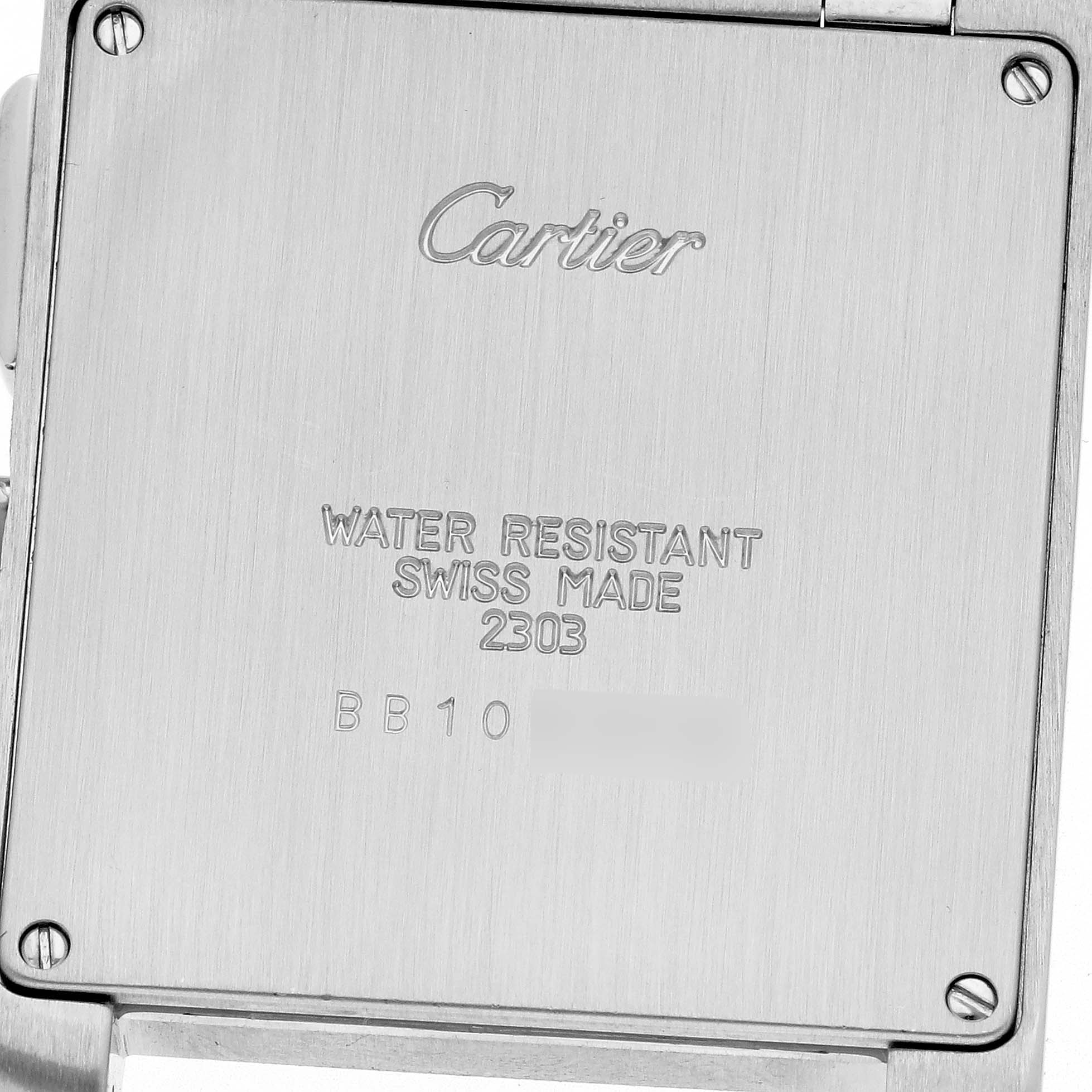 The image shows the back case of a Cartier Tank Française watch, highlighting the engraved brand and specifications.