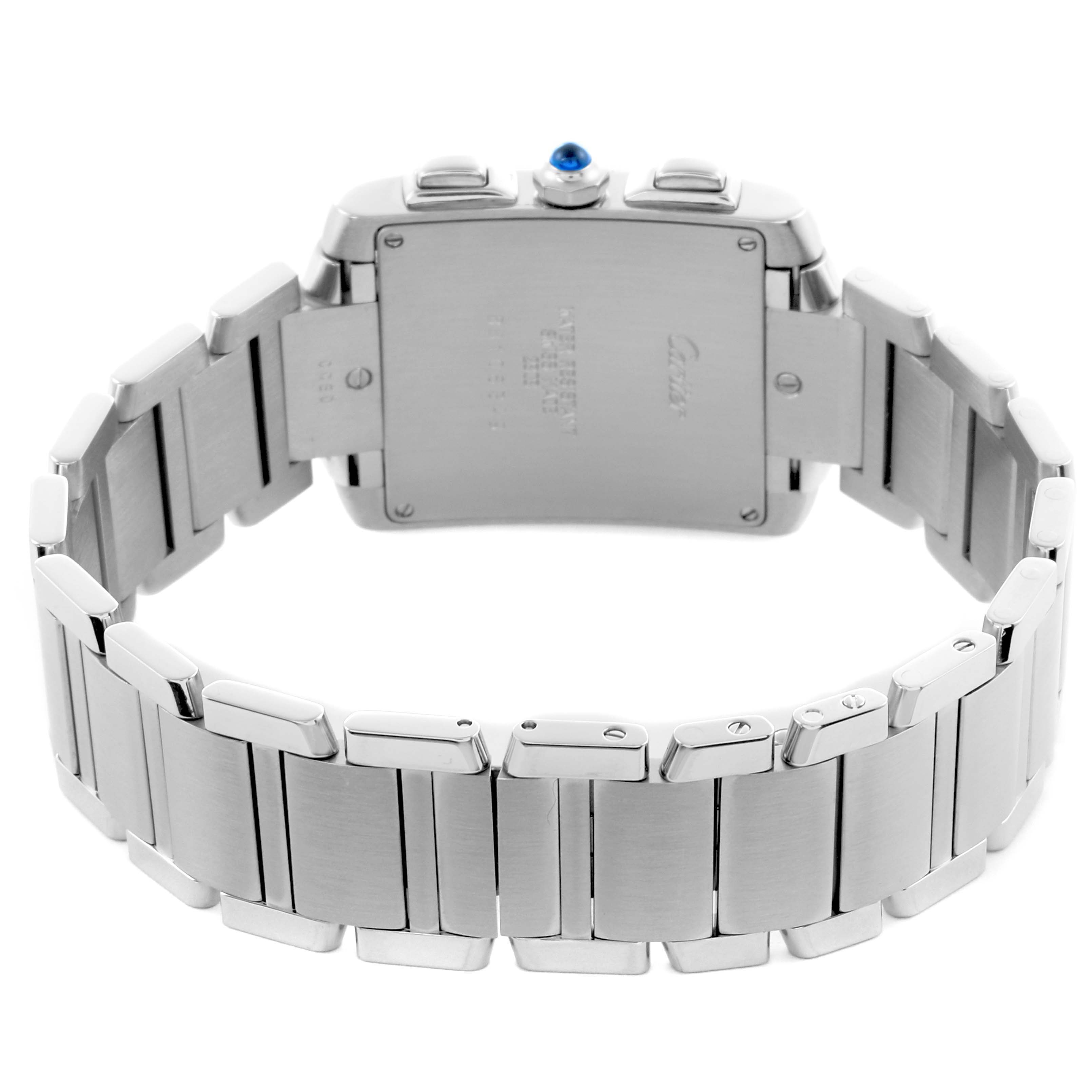 The image shows the back and bracelet of the Cartier Tank Francaise W51001Q3 Men's Stainless Steel Silver Dial W51001Q3 Men's Stainless Steel Silver Dial watch, highlighting its clasp and links.
