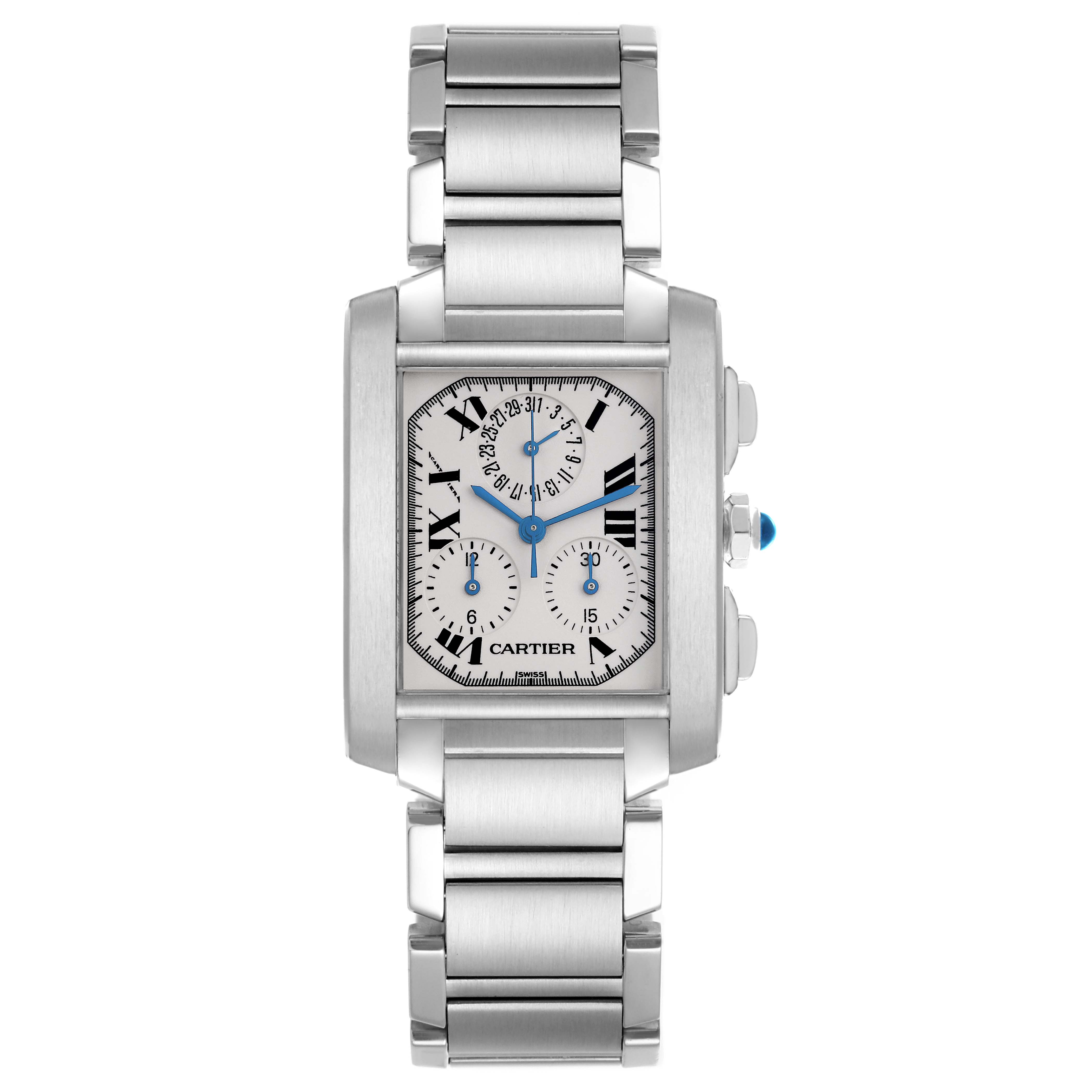 The Cartier Tank Francaise W51001Q3 Men's Stainless Steel Silver Dial W51001Q3 Men's Stainless Steel Silver Dial watch is shown from a top-down angle highlighting its face, bracelet, and side crown details.