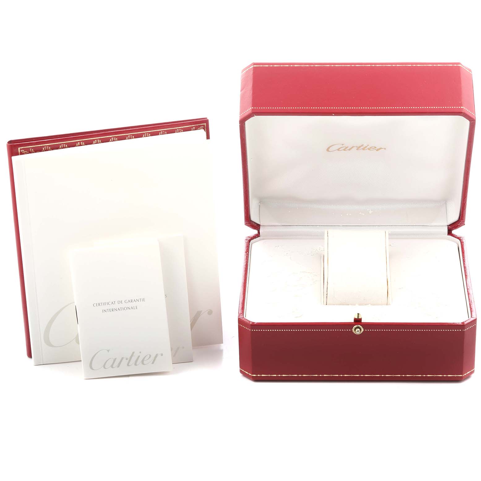 The image shows the Cartier Tank Francaise W51001Q3 Men's Stainless Steel Silver Dial W51001Q3 Men's Stainless Steel Silver Dial packaging and documentation, including a red box and warranty booklet.