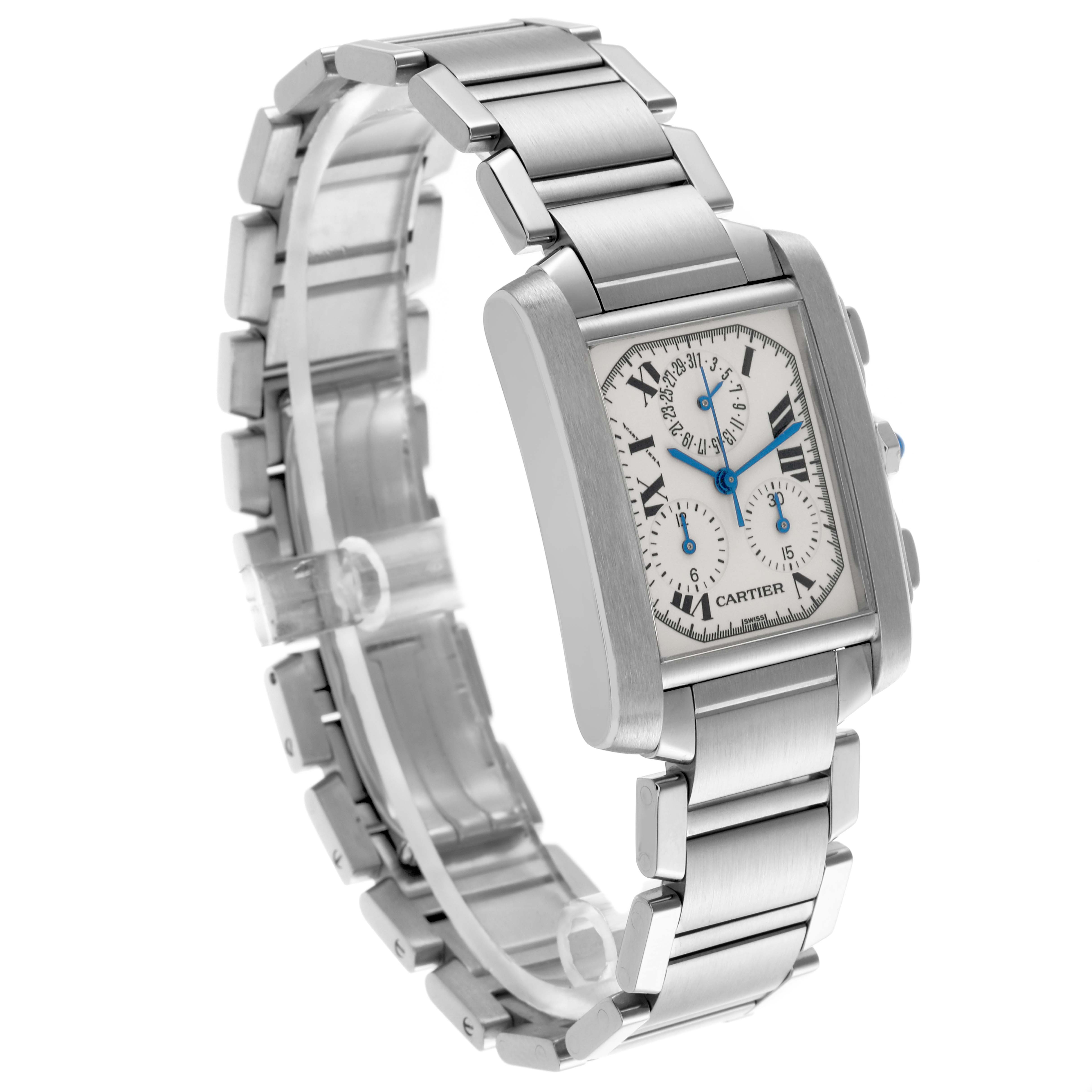 The Cartier Tank Française watch is shown at a three-quarter angle, highlighting its rectangular face, bracelet, and side buttons.