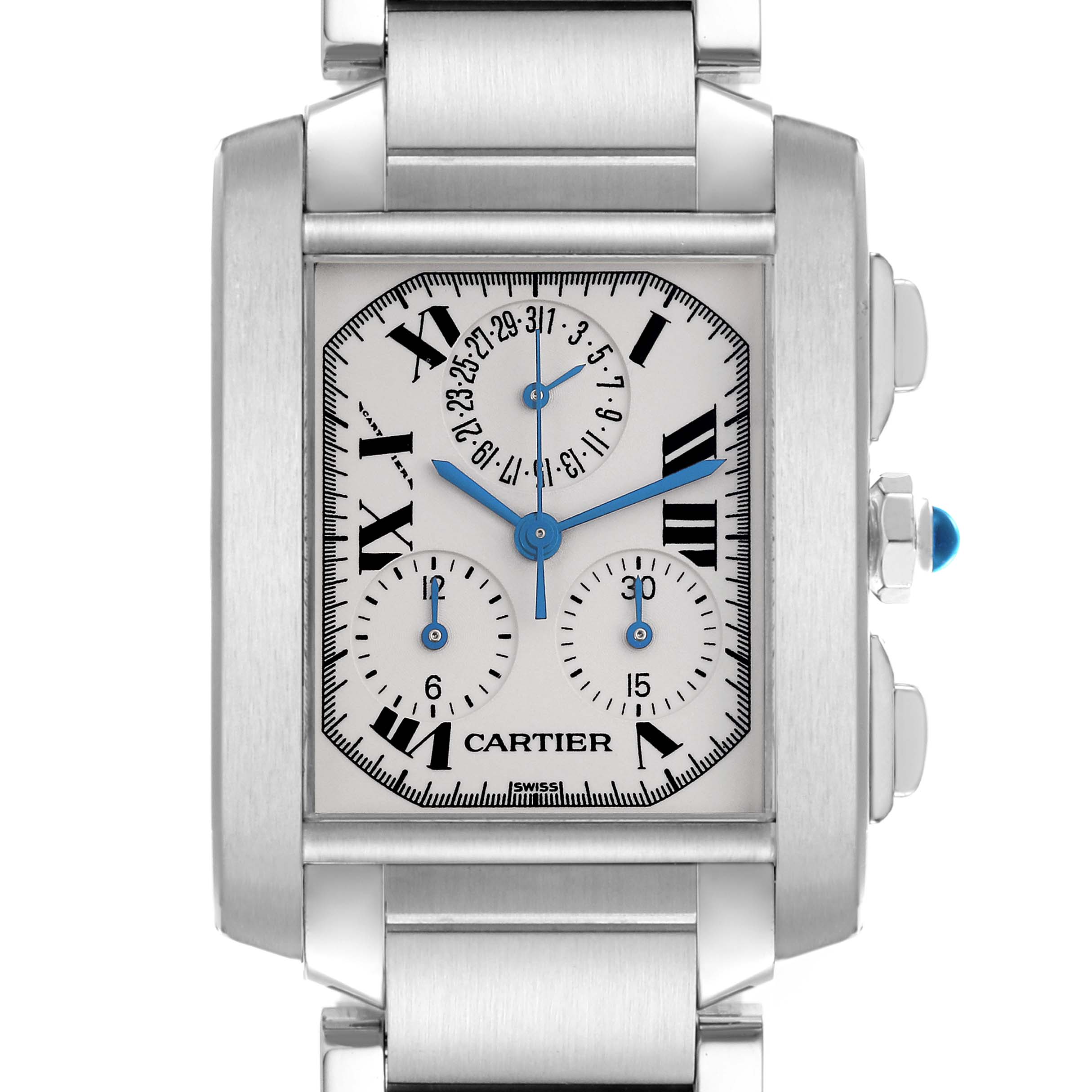 The Cartier Tank Française watch is shown from a front angle, featuring its face, Roman numerals, subdials, and side buttons.