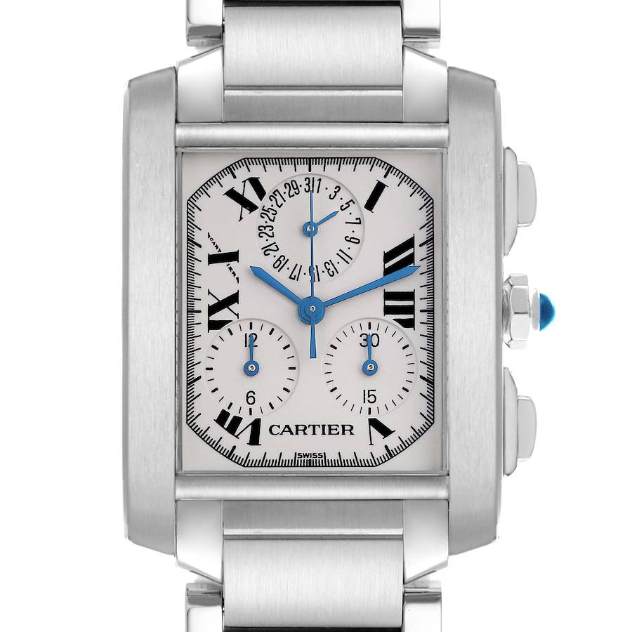 The Cartier Tank Française watch is shown from a front angle, featuring its face, Roman numerals, subdials, and side buttons.