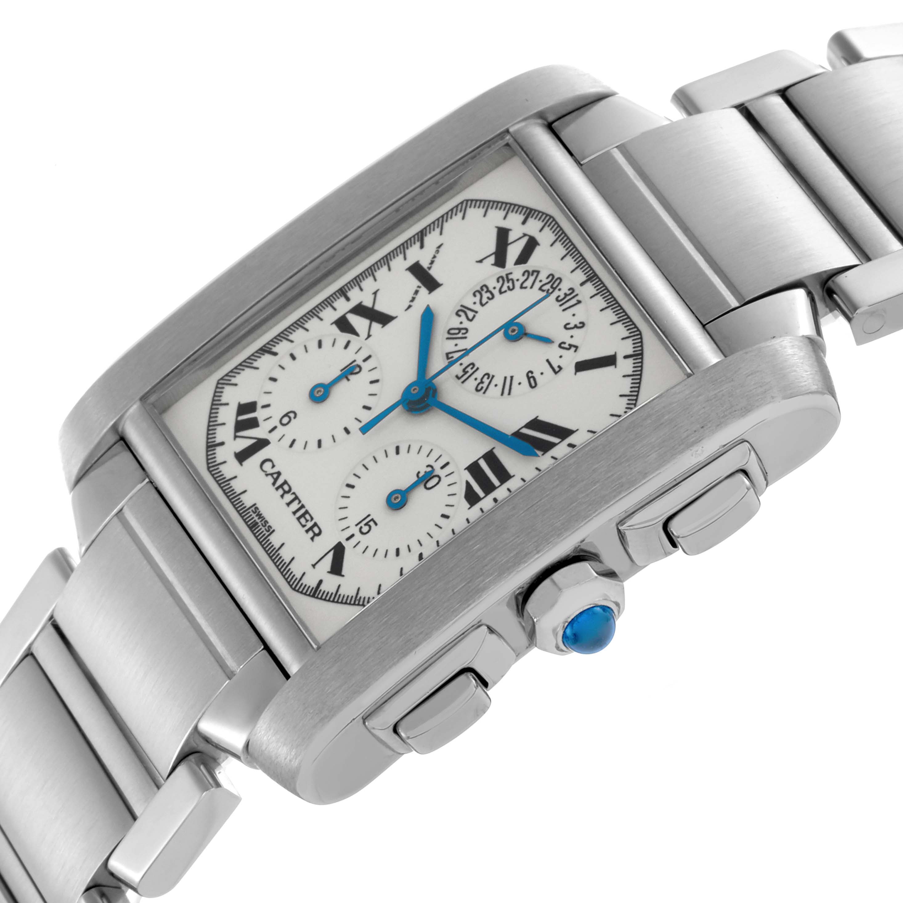 The Cartier Tank Française watch is shown at an angle highlighting the face, crown, pushers, and part of the bracelet.