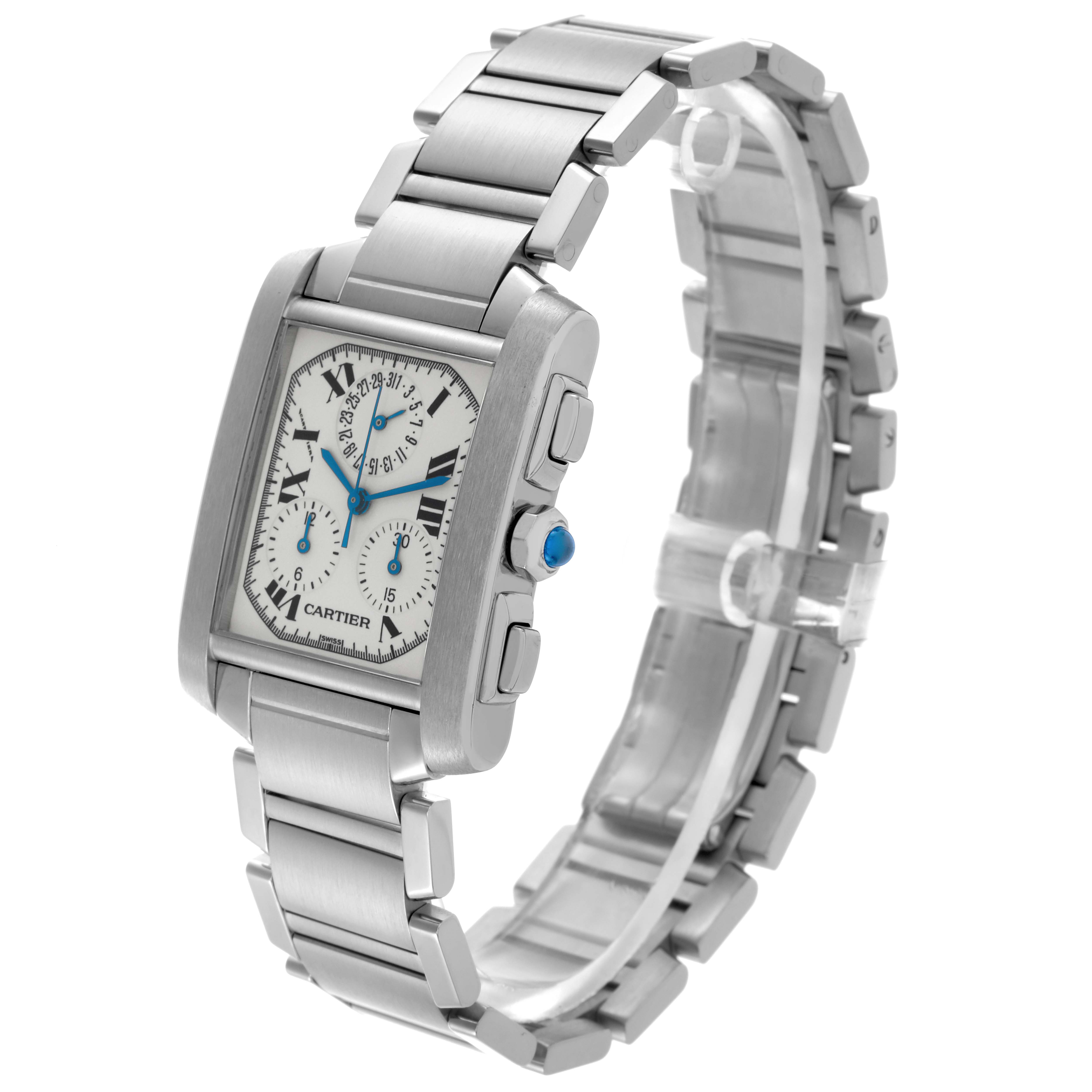 The Cartier Tank Française watch is shown from an angled side view, highlighting the metal bracelet and rectangular face.