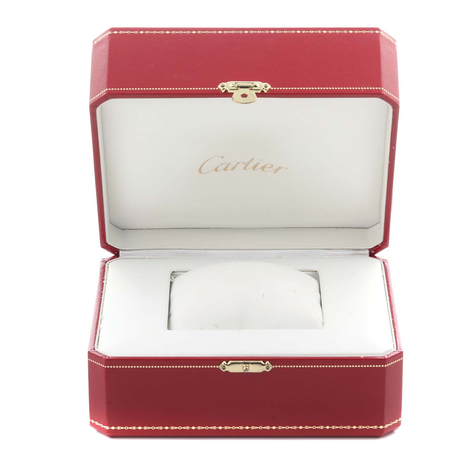 The image features an open Cartier Tank Française watch box, showcasing its red exterior and white interior with the Cartier logo.