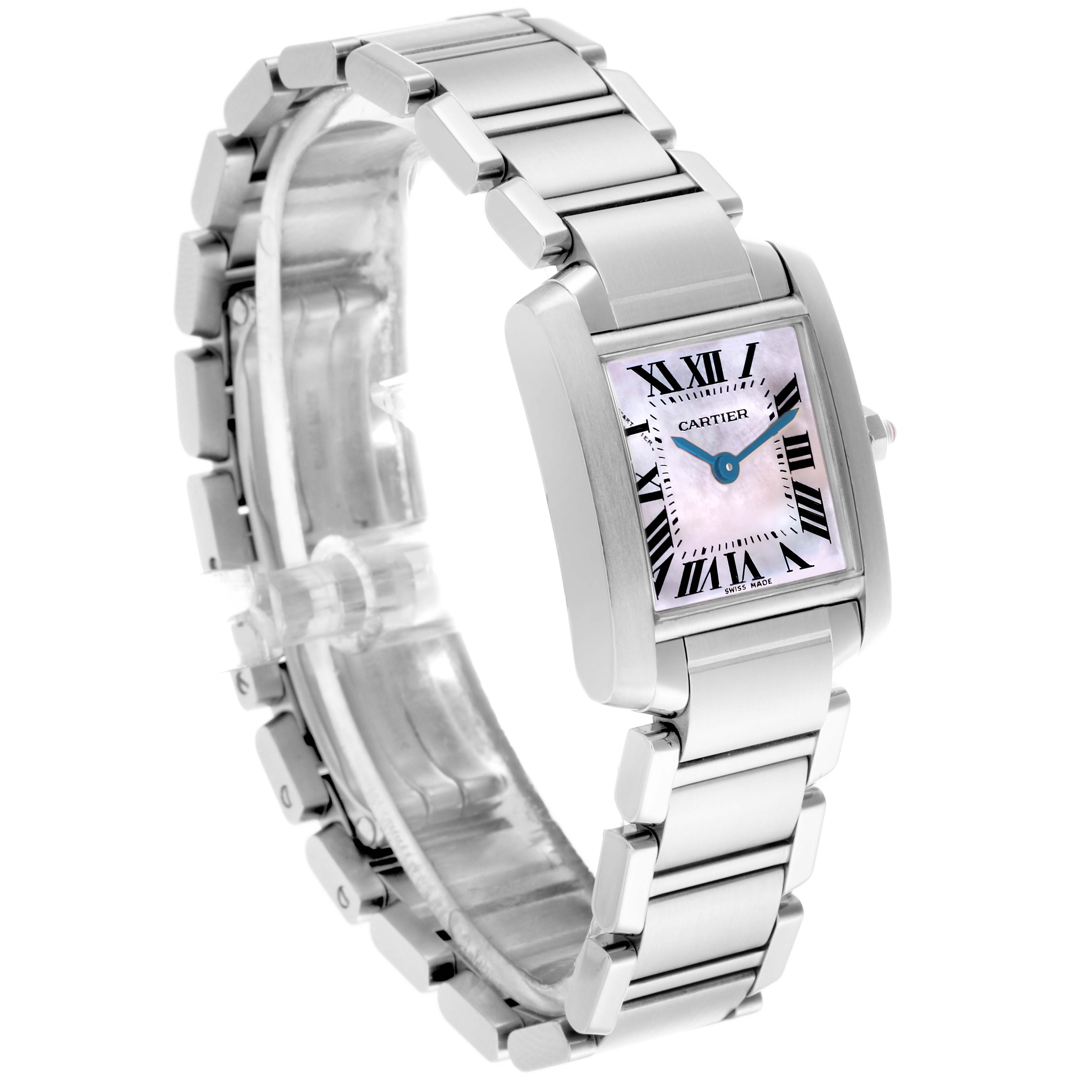The Cartier Tank Francaise W51028Q3 Women's Stainless Steel Mother of Pearl Dial W51028Q3 Women's Stainless Steel Mother of Pearl Dial watch is shown at a three-quarter angle, highlighting the bracelet, case, and face.