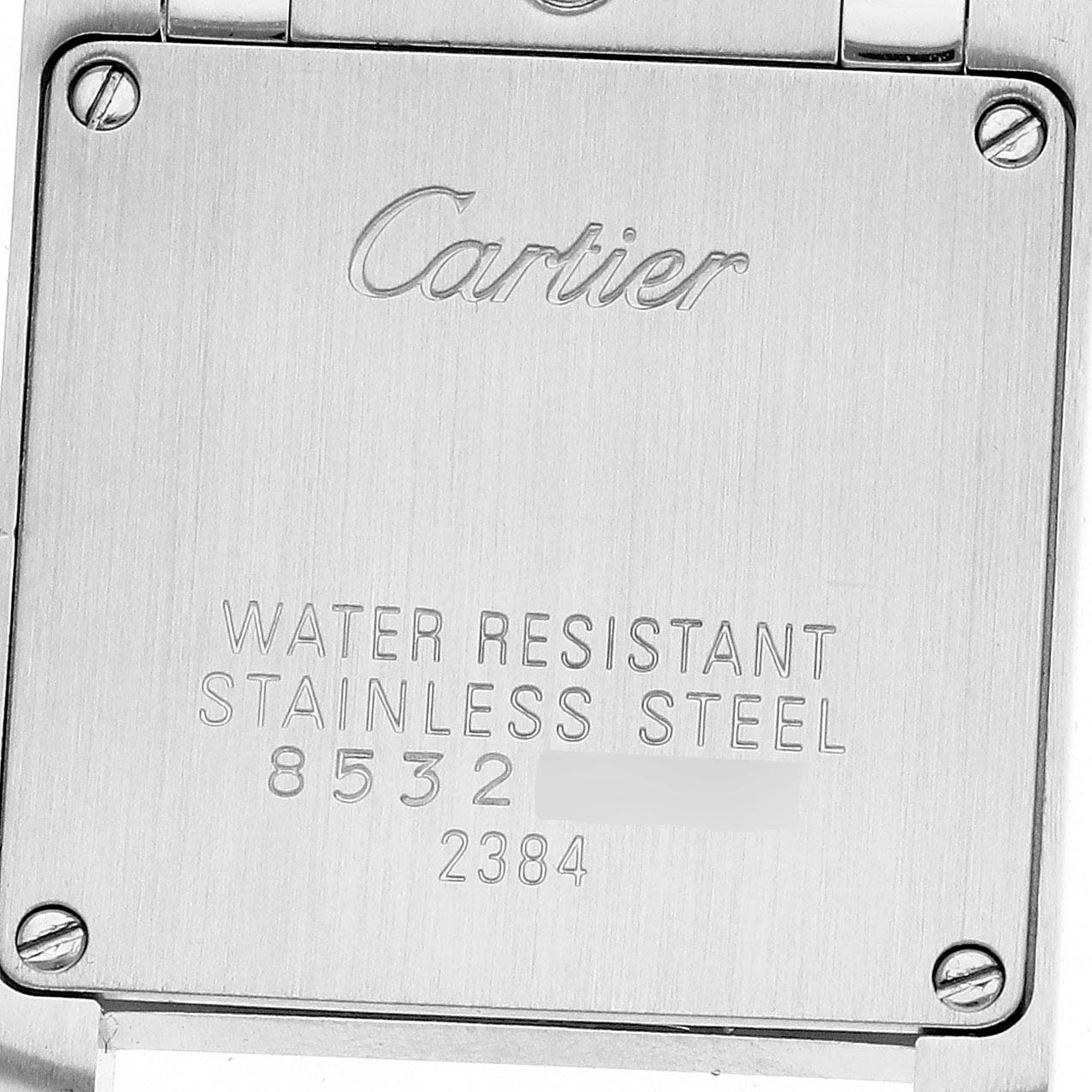 The image shows the back case of the Cartier Tank Française, highlighting its stainless steel and water resistance markings.