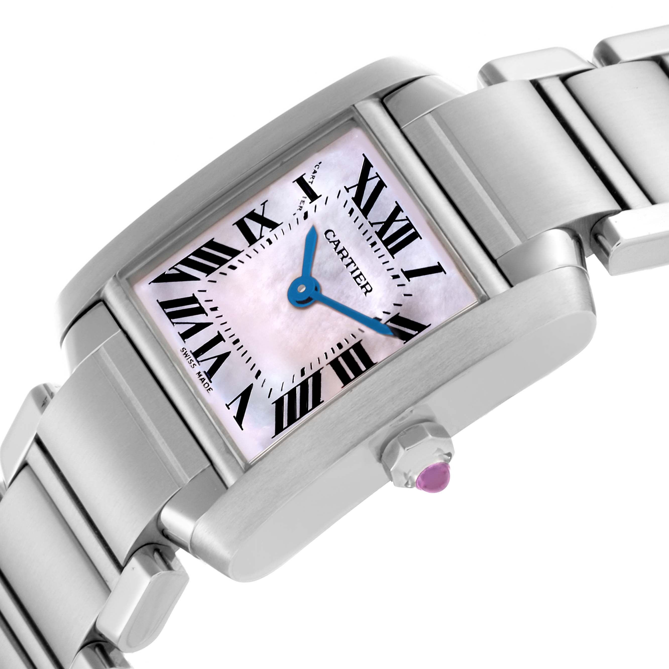 The Cartier Tank Francaise W51028Q3 Women's Stainless Steel Mother of Pearl Dial W51028Q3 Women's Stainless Steel Mother of Pearl Dial watch is shown at a slight angle, highlighting the face, crown, and part of the bracelet.