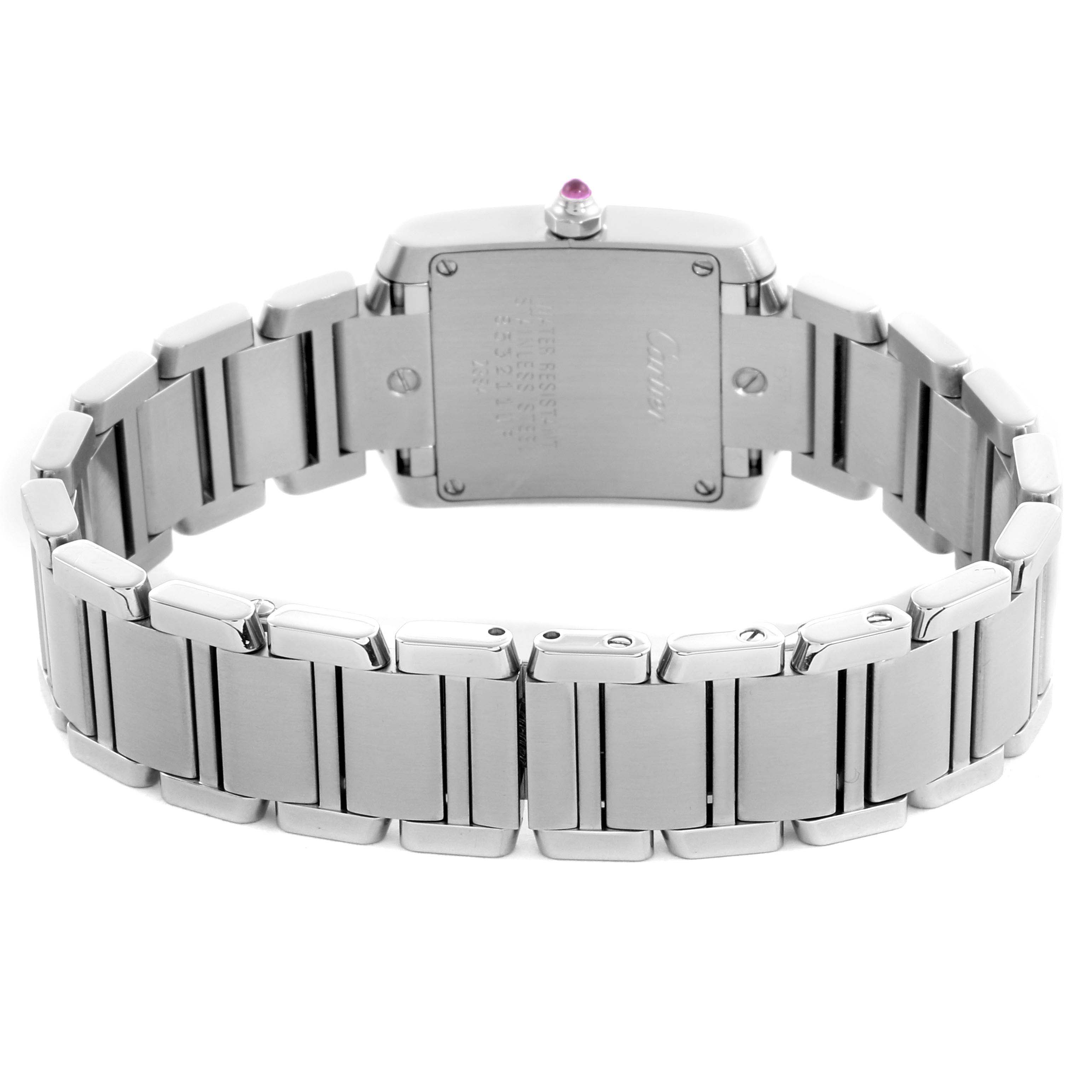 The image shows the back of the Cartier Tank Française watch, highlighting its metal bracelet and case back.