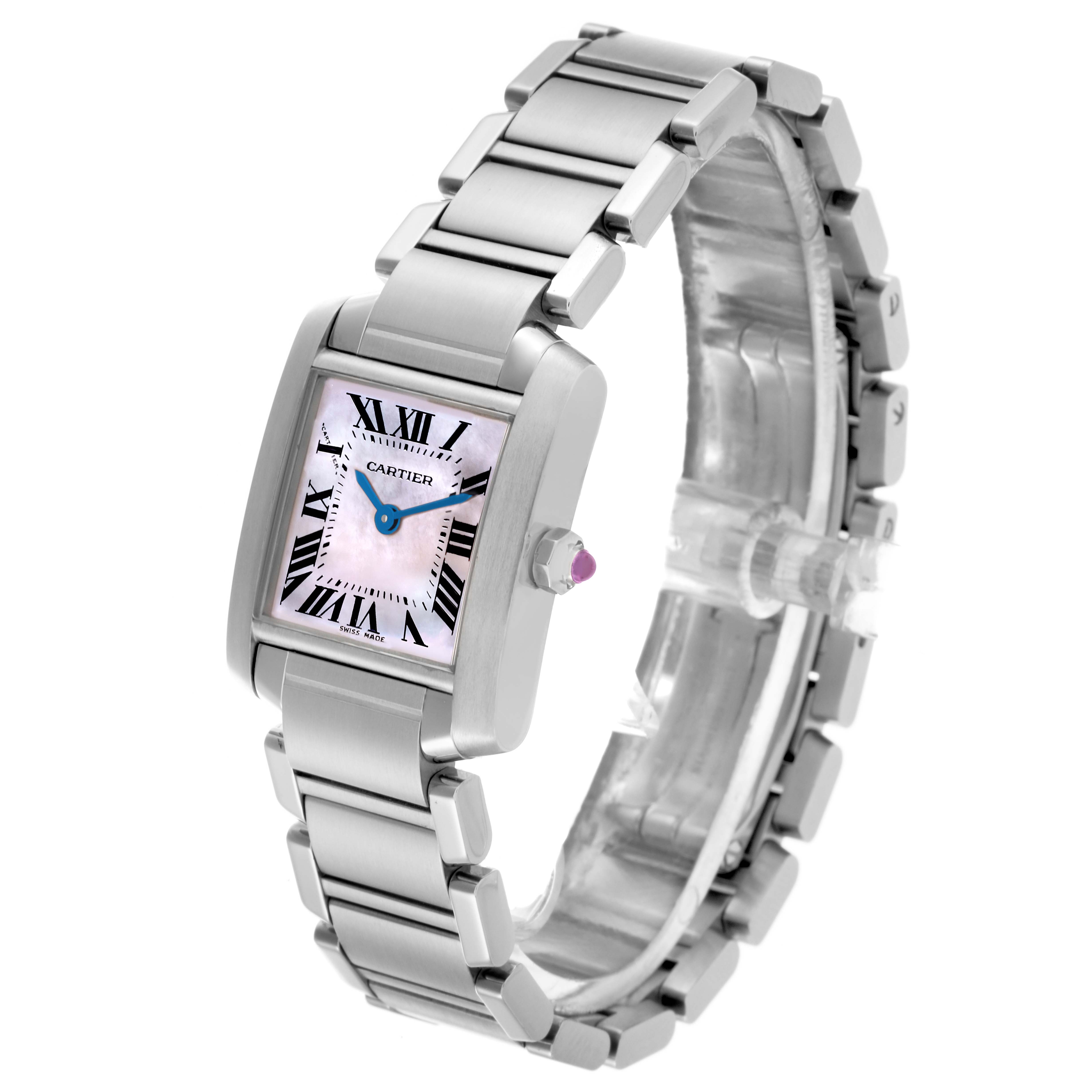 The Cartier Tank Francaise W51028Q3 Women's Stainless Steel Mother of Pearl Dial W51028Q3 Women's Stainless Steel Mother of Pearl Dial watch is shown from a three-quarter angle, highlighting the face, bracelet, and crown.