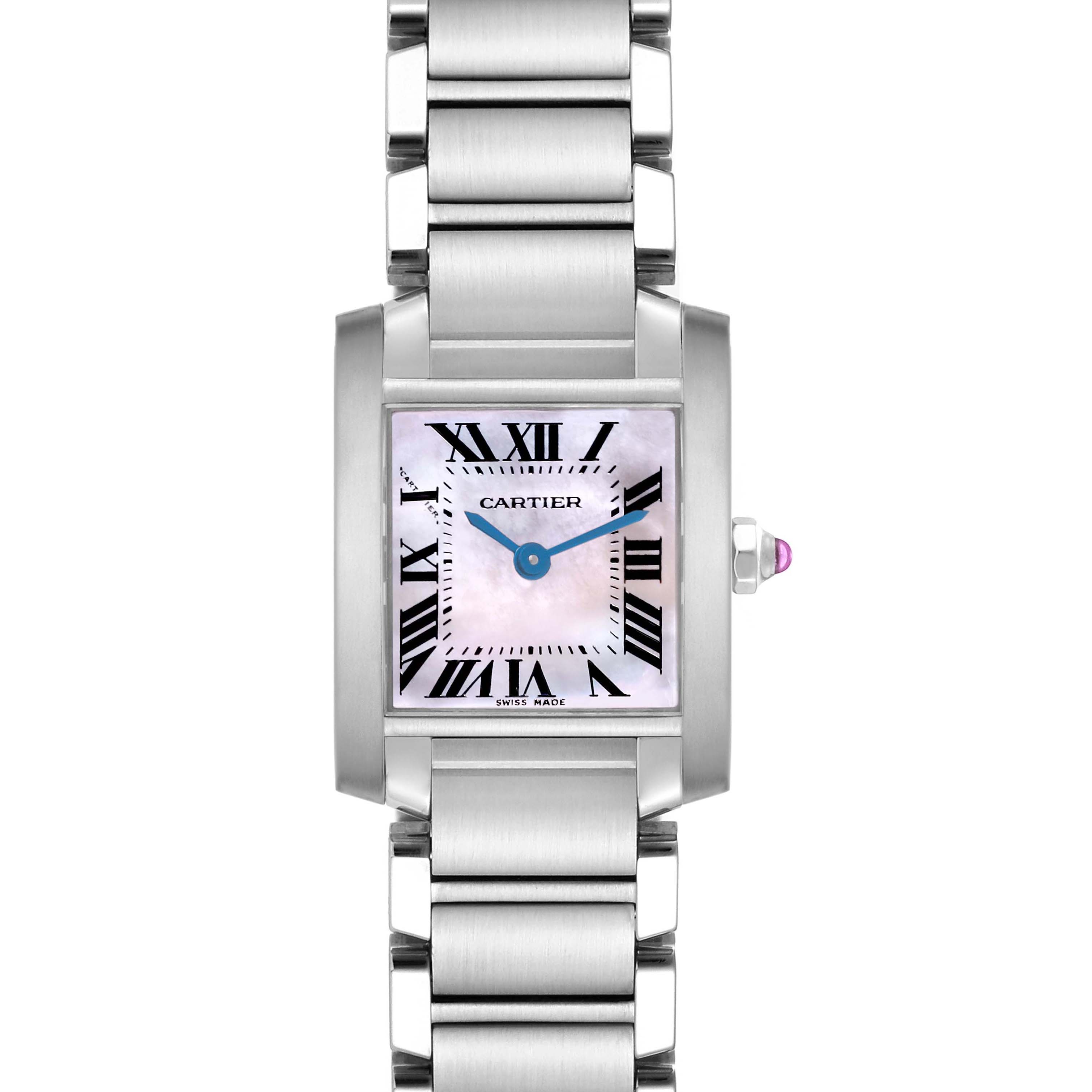 The Cartier Tank Francaise W51028Q3 Women's Stainless Steel Mother of Pearl Dial W51028Q3 Women's Stainless Steel Mother of Pearl Dial watch is shown from a top-down angle, featuring its rectangular face, Roman numerals, and metal bracelet.
