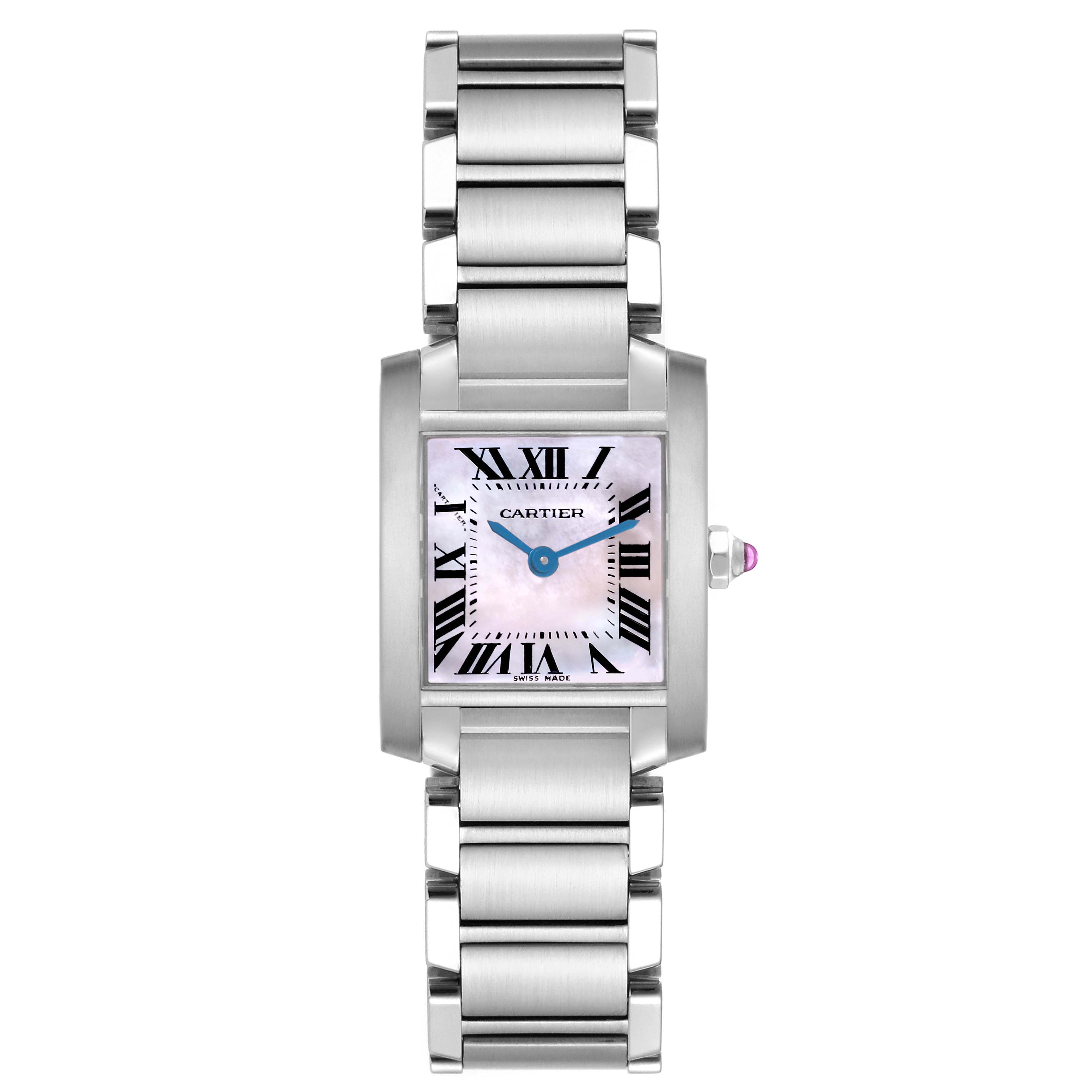 The Cartier Tank Francaise W51028Q3 Women's Stainless Steel Mother of Pearl Dial W51028Q3 Women's Stainless Steel Mother of Pearl Dial watch is shown from the front, displaying its face, bracelet, and crown.