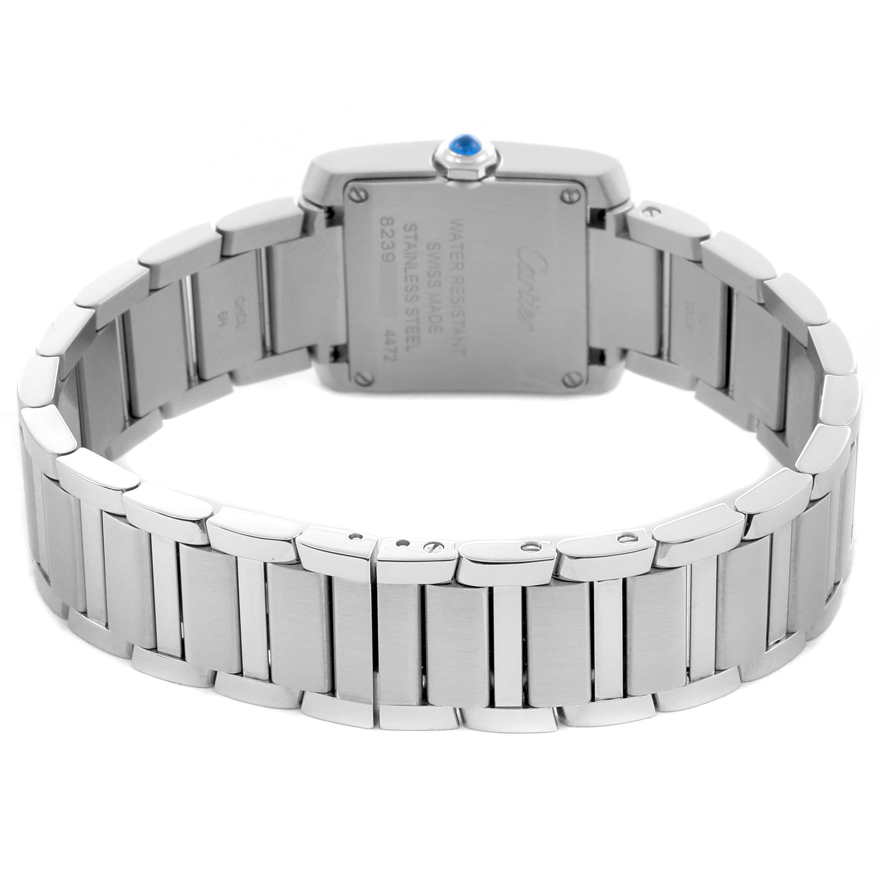 The image shows the back of the Cartier Tank Française watch, highlighting the stainless steel bracelet and case back.