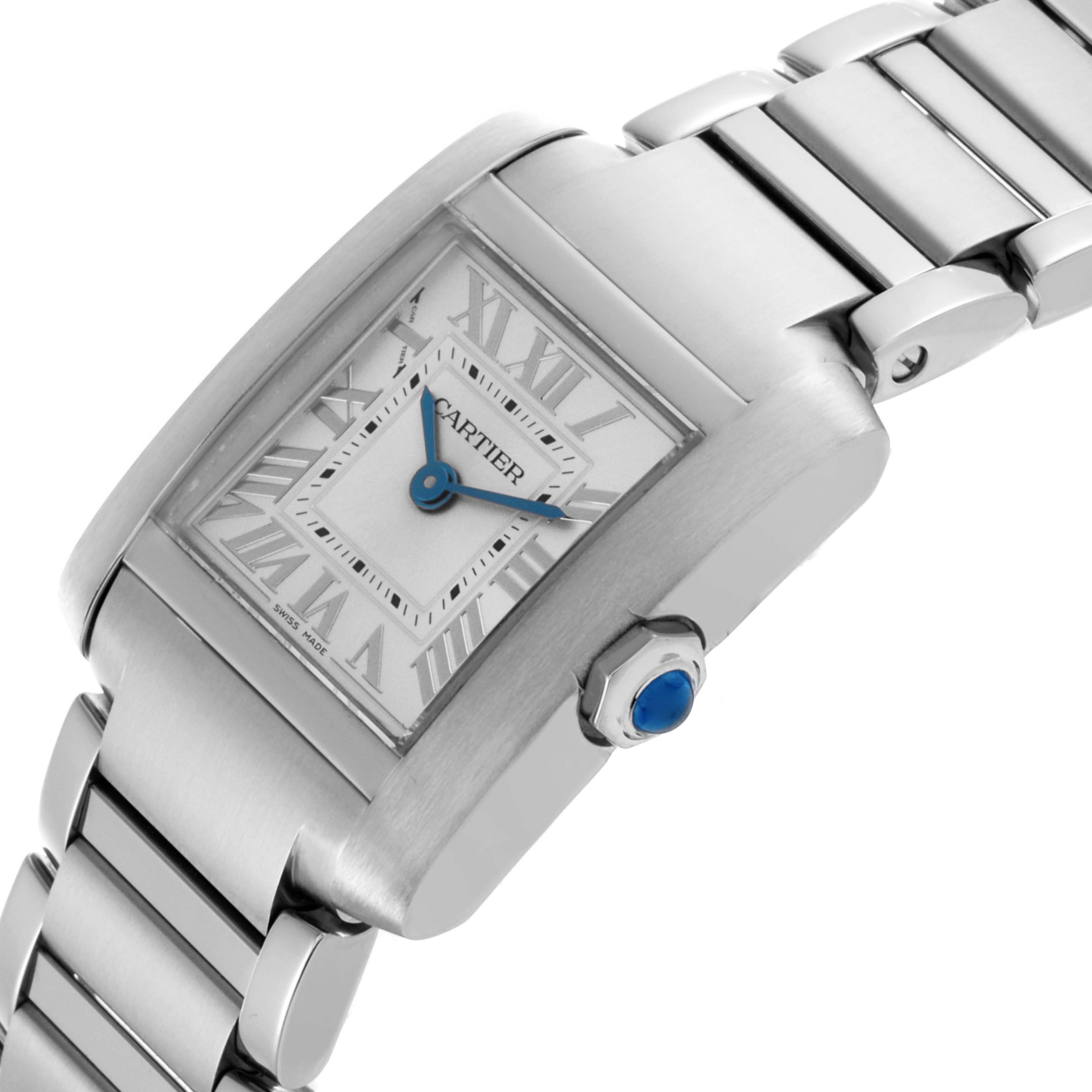 The Cartier Tank Française watch is shown at an angled view highlighting the face, crown, and a section of the metal bracelet.