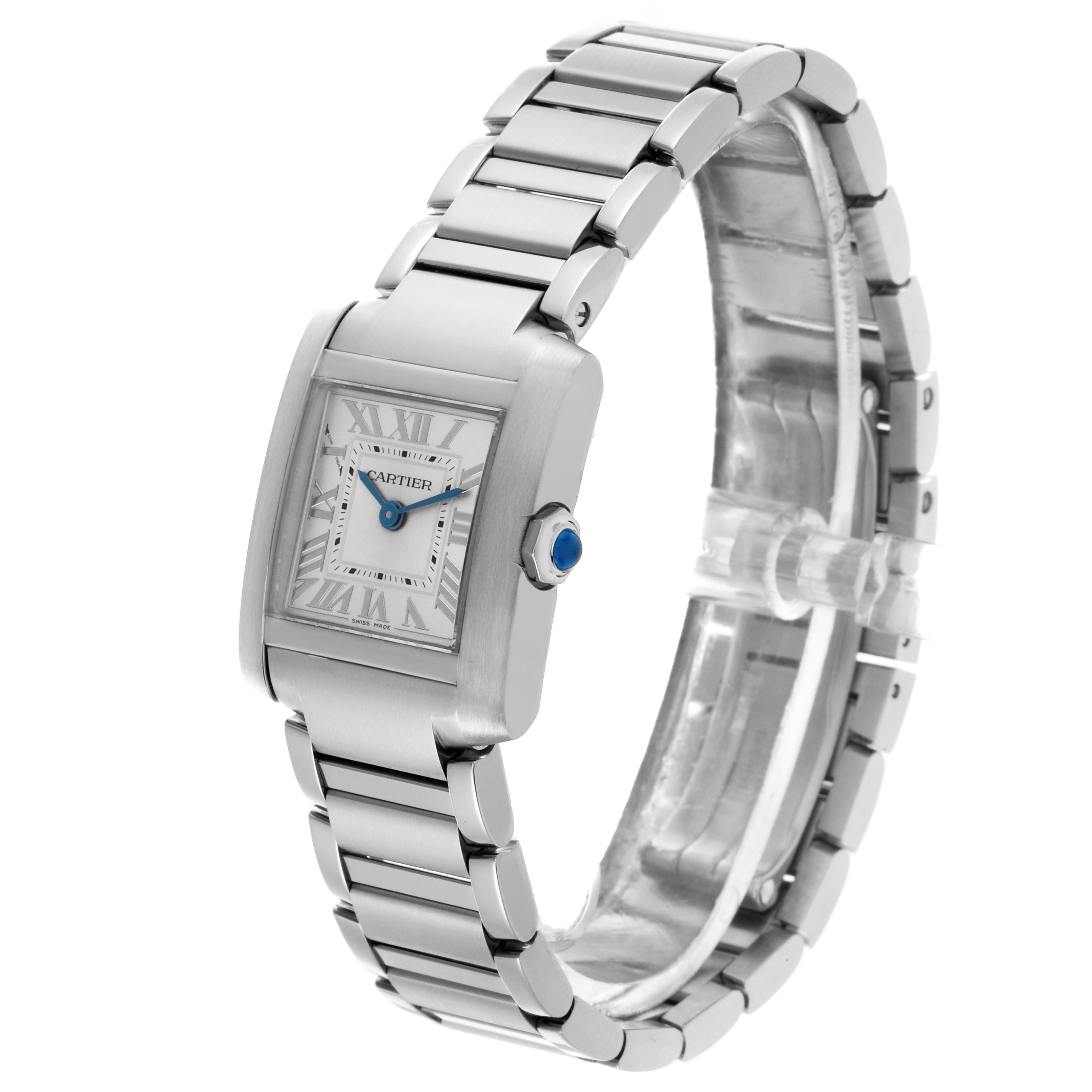 The image shows a Cartier Tank Française watch at a three-quarter angle, highlighting the face, bracelet, and crown.