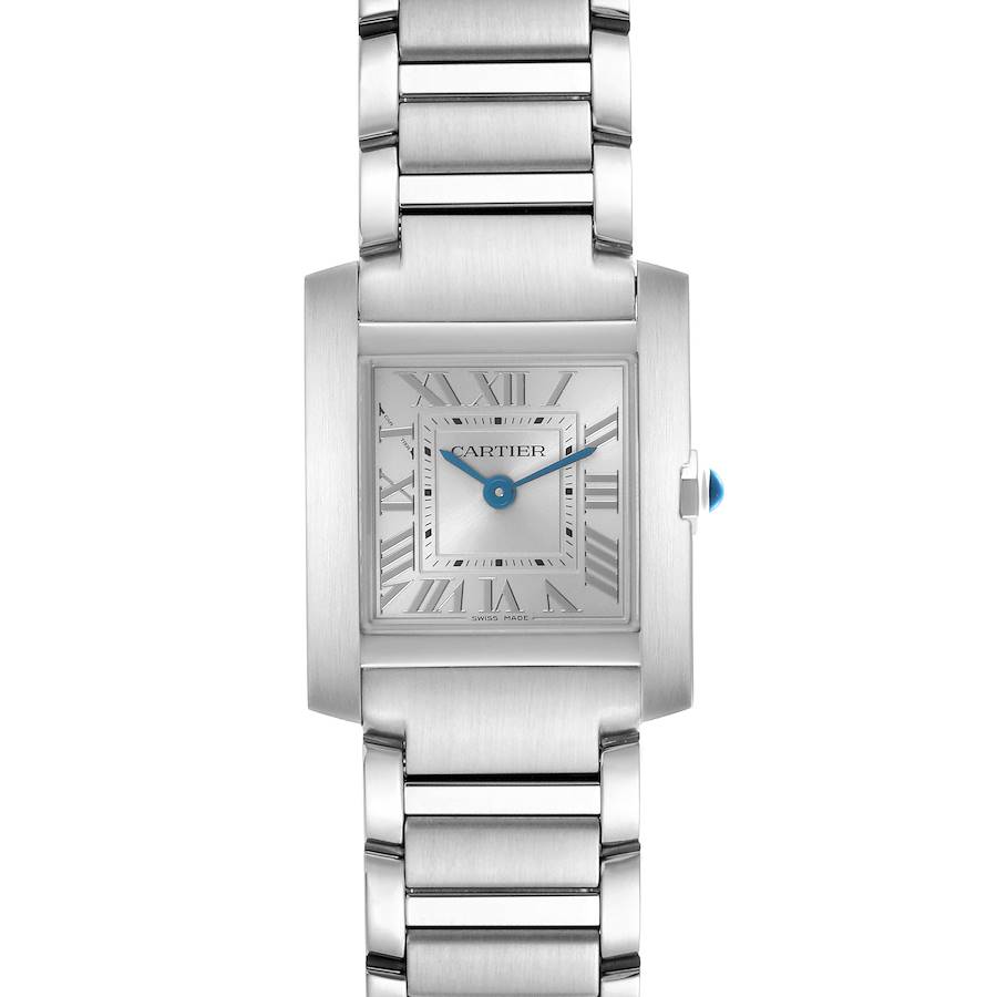 The Cartier Tank Française watch is shown from a front view, displaying its square face, Roman numerals, blue hands, and metal bracelet.