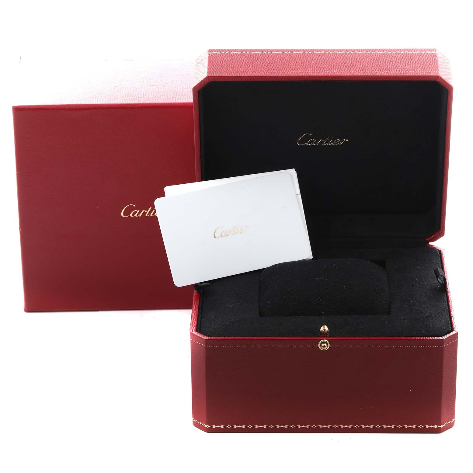 The image shows the Cartier Tank Française watch box, including the red outer box, inner case, and a card.