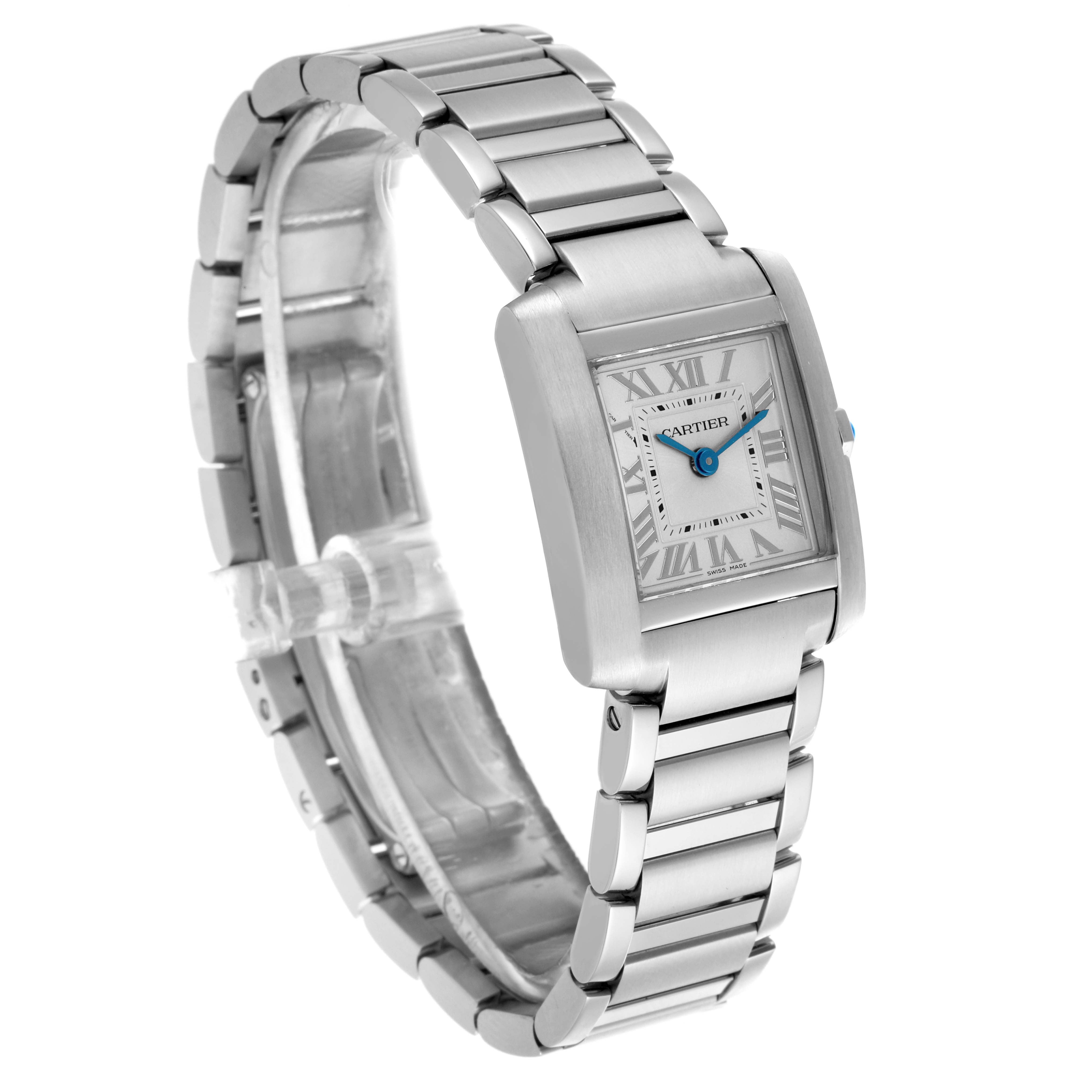 The Cartier Tank Française watch is shown at a three-quarter angle, highlighting the silver bracelet, square case, and Roman numeral dial.